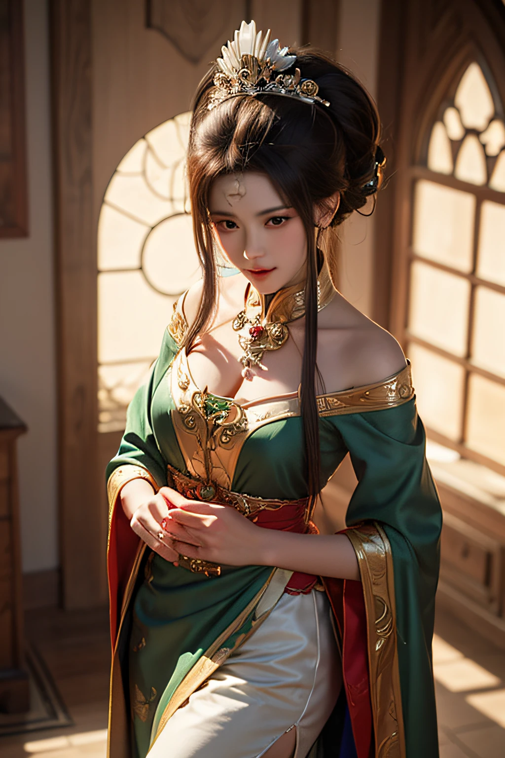 8K,dragon horn,A graceful dragon princess wearing a kimono,Super beautiful(like the real thing),brown hair,Inside the Royal Palace,green rouge,golden eyes,sharp stab,masterpiece,Photorealistic RAW photos of the highest quality。bright colors,rich colors, Backlight, cinematic lighting, film grain, to be born, 50MM lens, Nikon D850,realistic skin,fantasy art,character art,ultra high resolution,realistic scale skin,Perfect hand shape,view audience,angle of quantity,dynamic action pose,