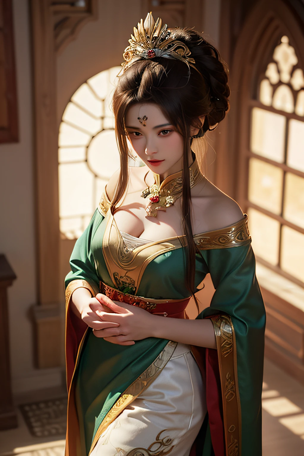 a close up of a woman wearing a green and gold dress, Guviz-style artwork, Palace , A girl in Hanfu, wlop and ross thran, Inspired by Lan Ying, Ross Tran 8 K, ross tran and wlop, 8K high quality detailed art, a beautiful fantasy empress, Inspired by Li Tang, inspired by Ju Lian