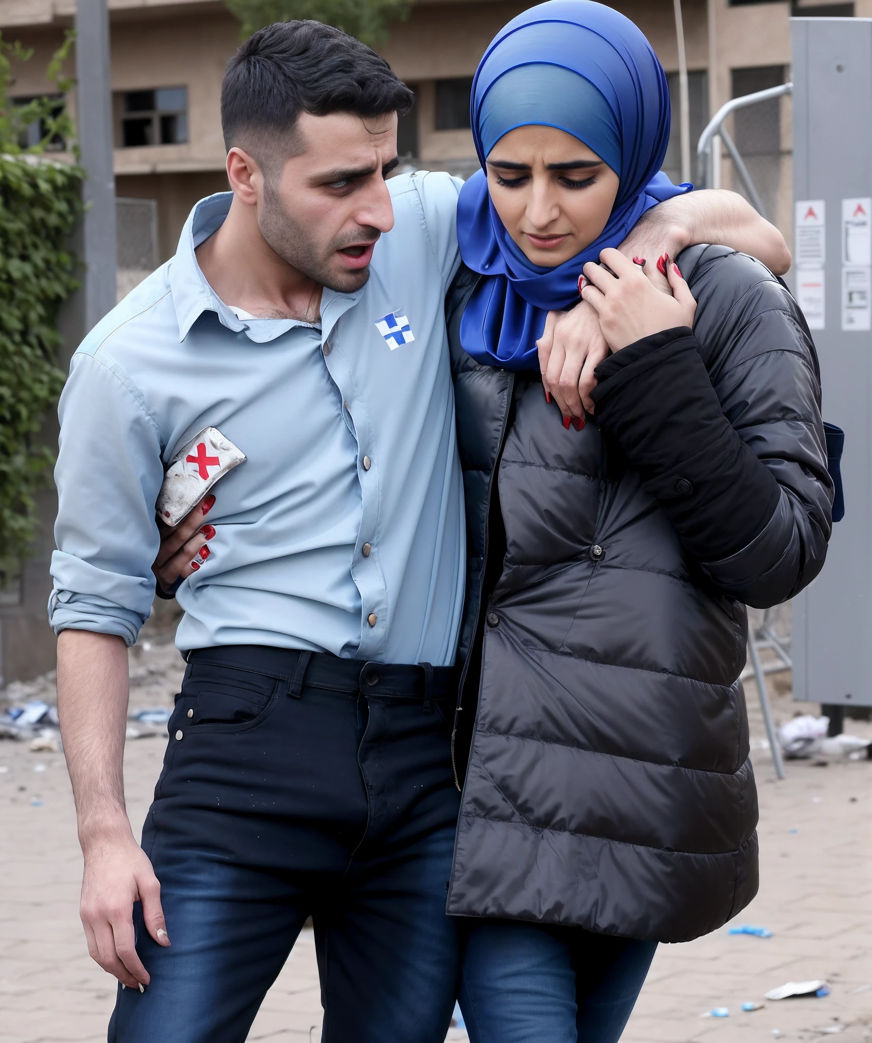 muslima in high-shine plastic coat, vinyl puffer, plastic downcoat, padded black plastic-coat, attractive male-model is carried by muslim woman in black coat, drama, photo, first aid, pity, a very attractive and beautiful young and blond german man in a blue cotton shirt and matte jeans and a syrian woman in a shiny deep-black laquered-coat and a brilliant blue satin headscarf stand arm-in-arm in front of a refugee hostel, the syrian woman holds the man's arm over her shoulder with one hand and her other hand can be seen under the man's other arm, the man has a suffering and pain-distorted face and the woman has a horrified and very shocked facial expression, a german man in a cotton shirt and jeans is injured and is being supported by a syrian woman, a syrian woman is wearing a high-gloss plastic down coat and is supporting an injured short-haired man who cannot walk alone, a syrian woman with a headscarf holds an injured short-haired man in her arm, pity, accident, injury, first aid, drama, ultra realistic, photo