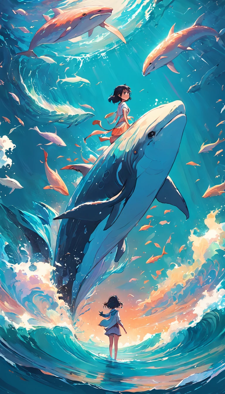 Pintura de um golfinho nadando no oceano colorido, Look up at the composition, Living waters and whales from the sky, inspirado em Cyril Rolando, dreamy psychedelic anime, fundo colorido do filme anime, a beautiful artwork illustration, autor:Shitao, arte conceitual colorida, Makoto Shinkai Cirilo Rolando, ao estilo de Cyril Rolando, Baleia voadora, Aquarela altamente detalhada 8K, Aquarela altamente detalhada 8 K,octano,Fim,Realistic,8k,Estilo Makoto Shinkai( Reasonable design, linhas claras, Alta nitidez,best quality, Very detailed, master part, Efeito de luz do filme, 4k )