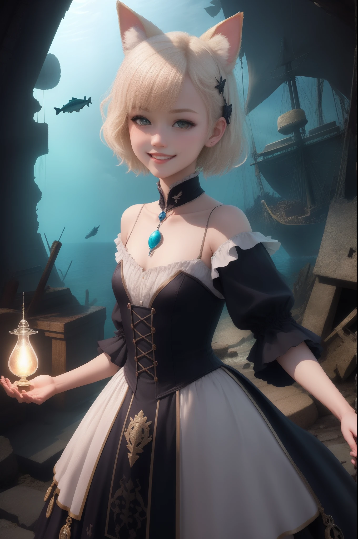 top-quality、high-detail、​masterpiece、Leyendecker's style、Fantasy 3D、Ultra wide angle high angle、Aqua Garden、Nordic beautiful girl、Smirking expression、Pretty small face、Light makeup、Cat's ears、Platinum blonde short hair、Medium chest、big butts、alchemist、Holding a magic wand in both hands、Gothic dress with long sleeves、colorful coral reef、Wreckage of a flying sailing ship、borgar、thirds rule