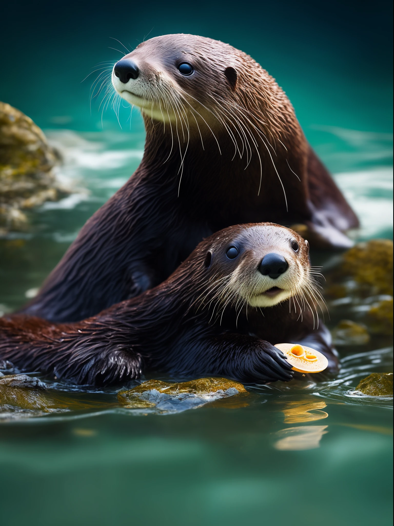 There is a sea otter holding a shell in the water，cute otter, he is very relaxed, Furry otters, unwind, Sleepy,,relaxing, peaceful looking animals, The water is clear and clean，Super realistic， RAW photo, (8K、top-quality、tmasterpiece:1.2)、(intricately details:1.4)、(Photorealsitic:1.4)、Complex 3D Rendering Ultra Detail, vibrant detail, super detailing, Photorealsitic