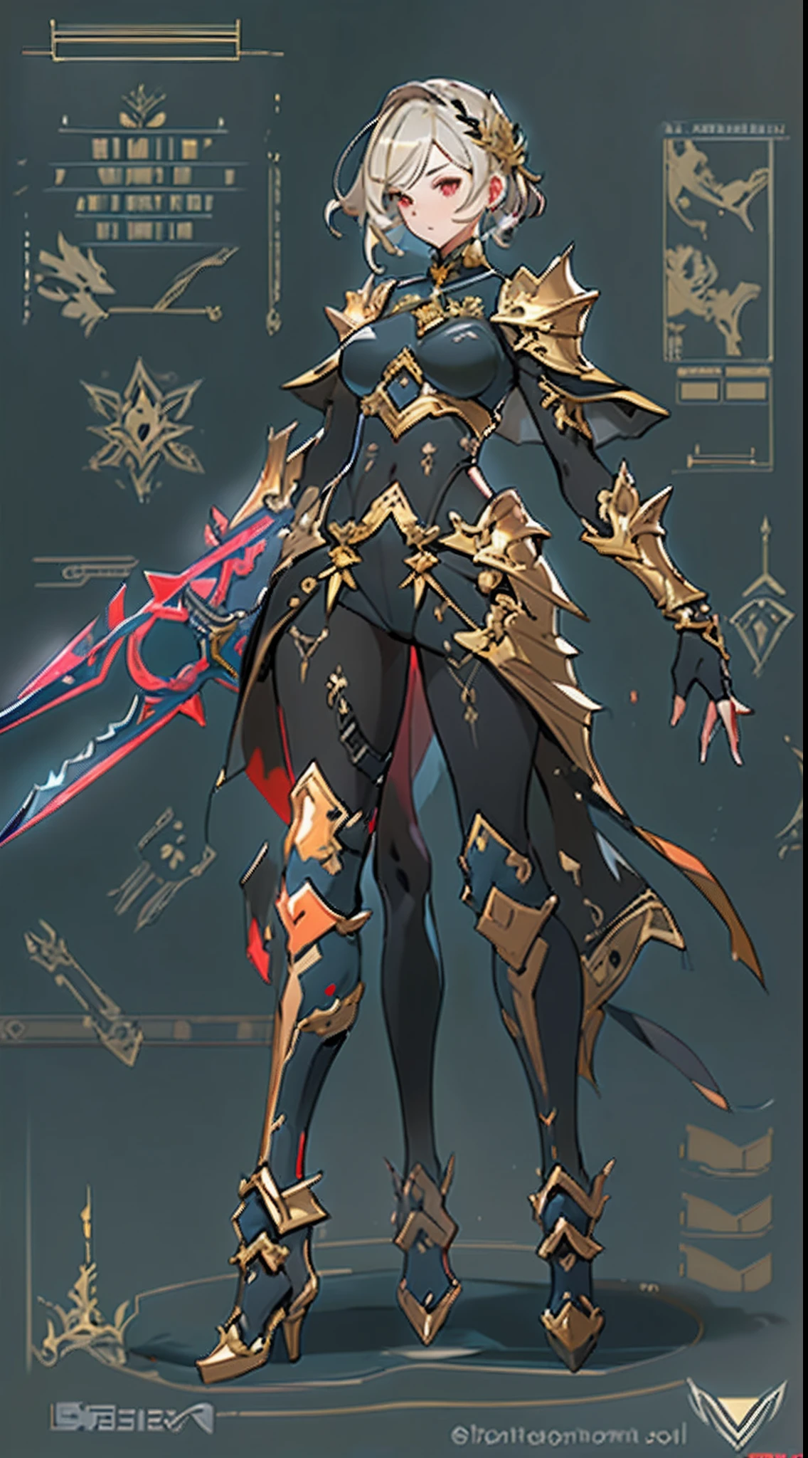 Design a layout showcase Gaming character, ((1girl)), sorcerer:1.4, Golden+Purle clothes, stylish and unique, ((showcase weapon:1.4)), magic staff, (masterpiece:1.2), (best quality), 4k, ultra-detailed, (Step by step design, layout art:1.5), (luminous lighting, atmospheric lighting), Final Fantasy style, magican, ((glove full hands)), fran, viera, (((revealing clothes:1.3))), vambraces, armored legwear, (((full_body_shot:1.4))), Niji, back_view