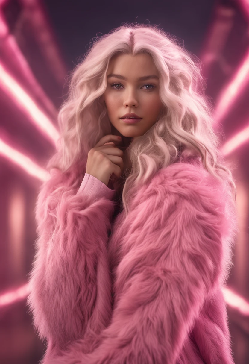 Raw, Masterpiece, highly detailed character design, symmetrical, perfectly centered portrait of a gorgeous girl wearing a pink fluffy coat, innocent face, glowing skin, Highly detailed eyes and face, Long Flowing Hairs, full body, perfect body, perfect arms, perfect hands, perfect fingers, studio photoshoot, Studio Lights, model shoot style, maximum details, photorealism