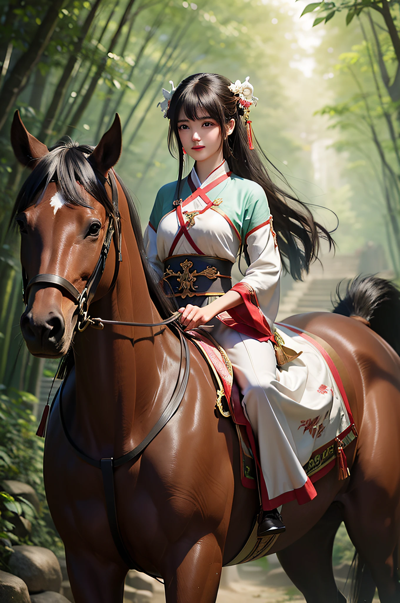 4K Tang Dynasty Young Female Official, Cut Fabric, Red Robe, Elegance, Horseback Riding, Highly Detailed, Majestic, Digital Photography, Surrealist Painting, Beautiful (Masterpiece, Side Light, Fine Beautiful Eyes: 1.2)