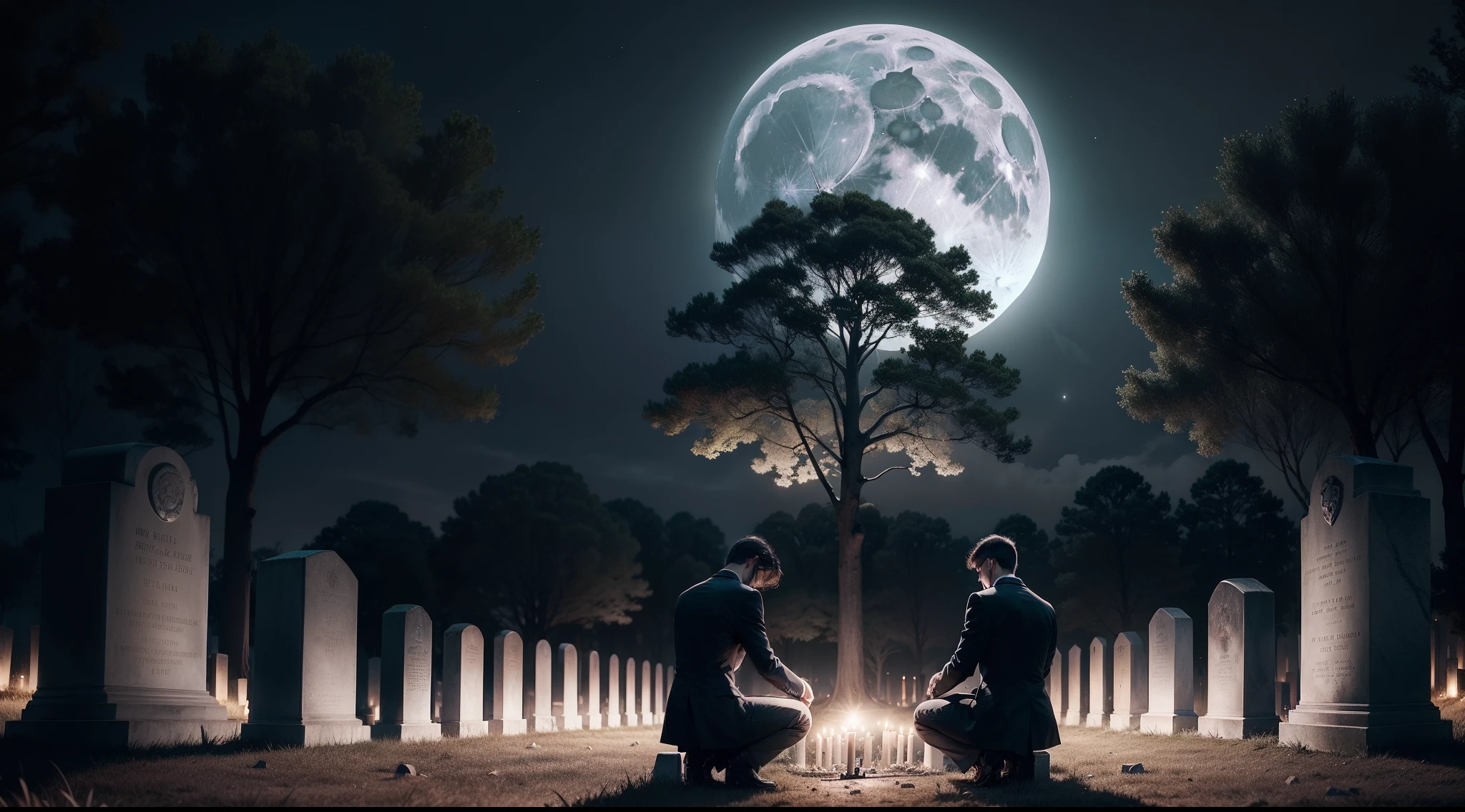 A cemetery with a full moon as a backdrop,luz de velas, Dark but sparkling atmosphere, trees in the background,There is 1 tombstone below,1 person kneels in prayer in front of the tombstone