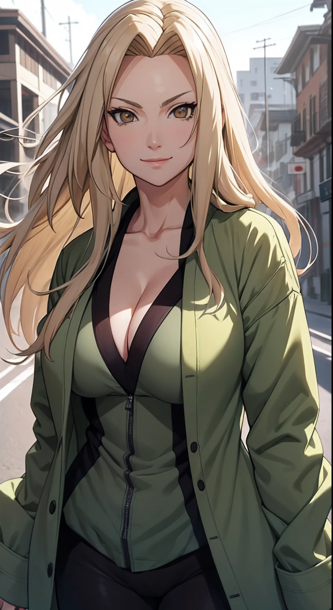 tmasterpiece,blond hairbl,Green coat,Golden eyes,ssmile,slightly fat big breasts,Be red in the face,Headwinds and sagging,best qualtiy,The is very detailed,Bust photo,Get close to the lens,Top-down view,with a good figure
