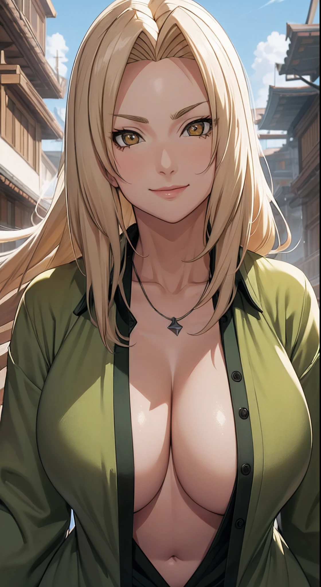 tmasterpiece，blond hairbl，Green coat，Golden eyes，ssmile，slightly fat big breasts，Be red in the face，Headwinds and sagging，best qualtiy，The is very detailed，Bust photo，Get close to the lens，Top-down view，with a good figure