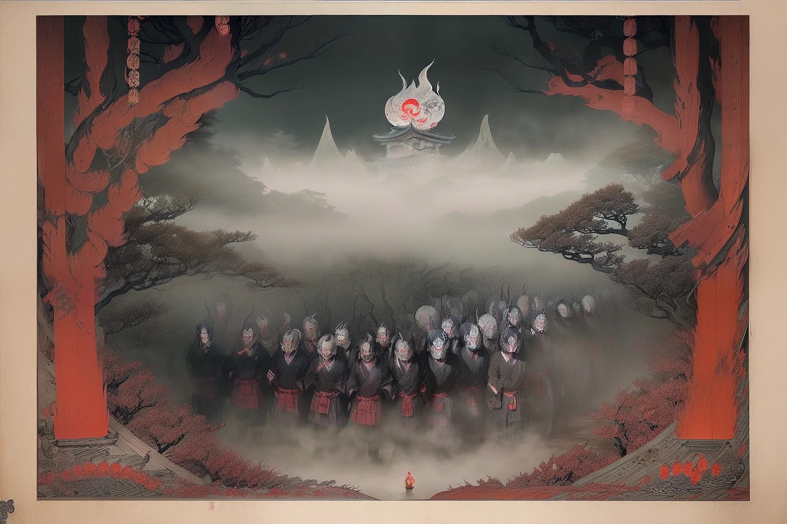 (Hyakki Yagyō:1.5), (lots group is Japanese_supernatural_creature:1.5), (foggy dirt road and row of trees background:1.2), (midnight with mist:1.4), japan ink, intricate detailed, intricate detailed texture, (intricate detailed detail:1.2), (extremely highest quality:1.3), (highest quality:1.1), best quality, absurd resolution, real time rendering, horror atmosphere, (from above:1.2),