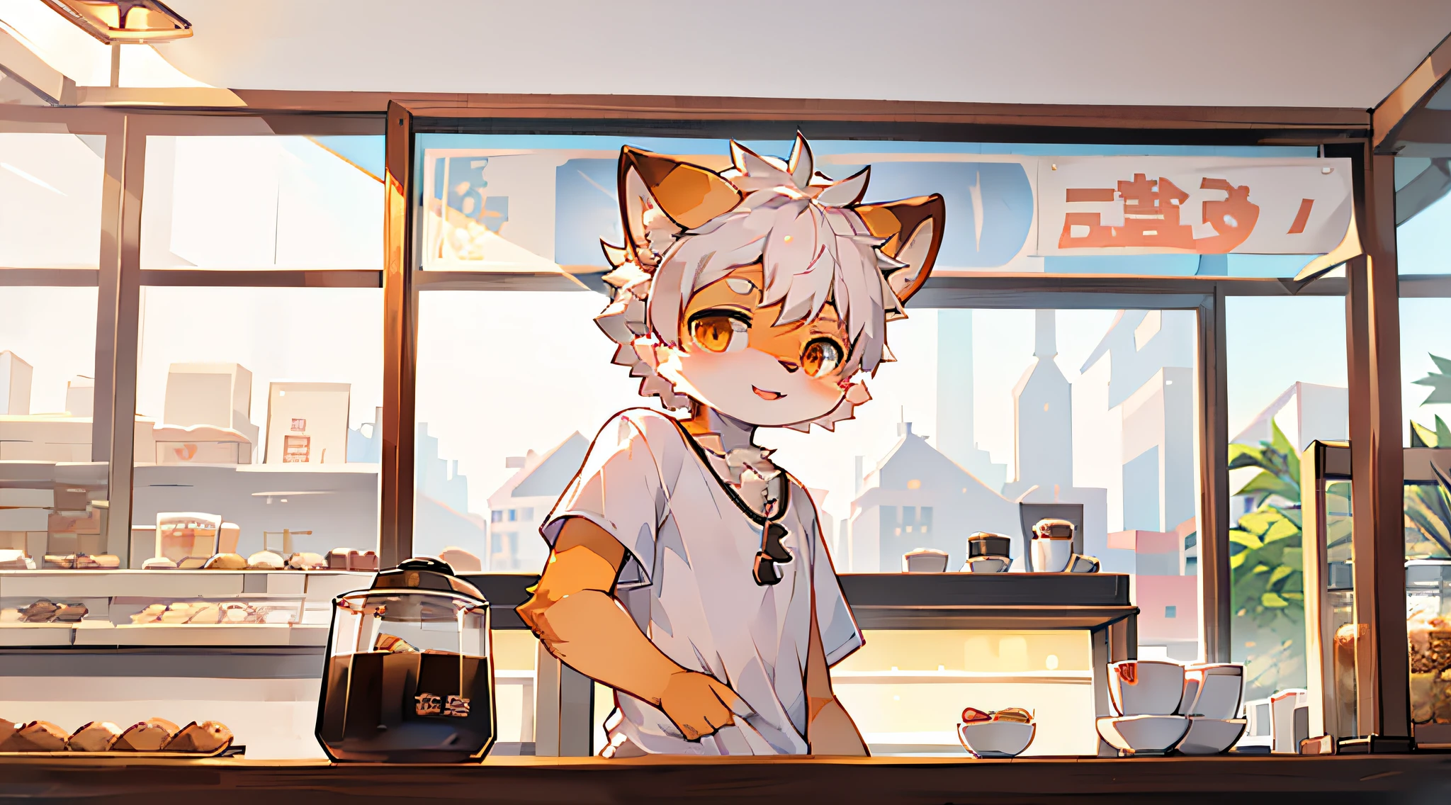 (light blue fur, detailed fur, red eyes, white hair), cute, sitting, masterpiece, high resolution, 8k, detailed background, high quality, boy, male, (by Dagasi: 1.1), solo, apron, café, smile