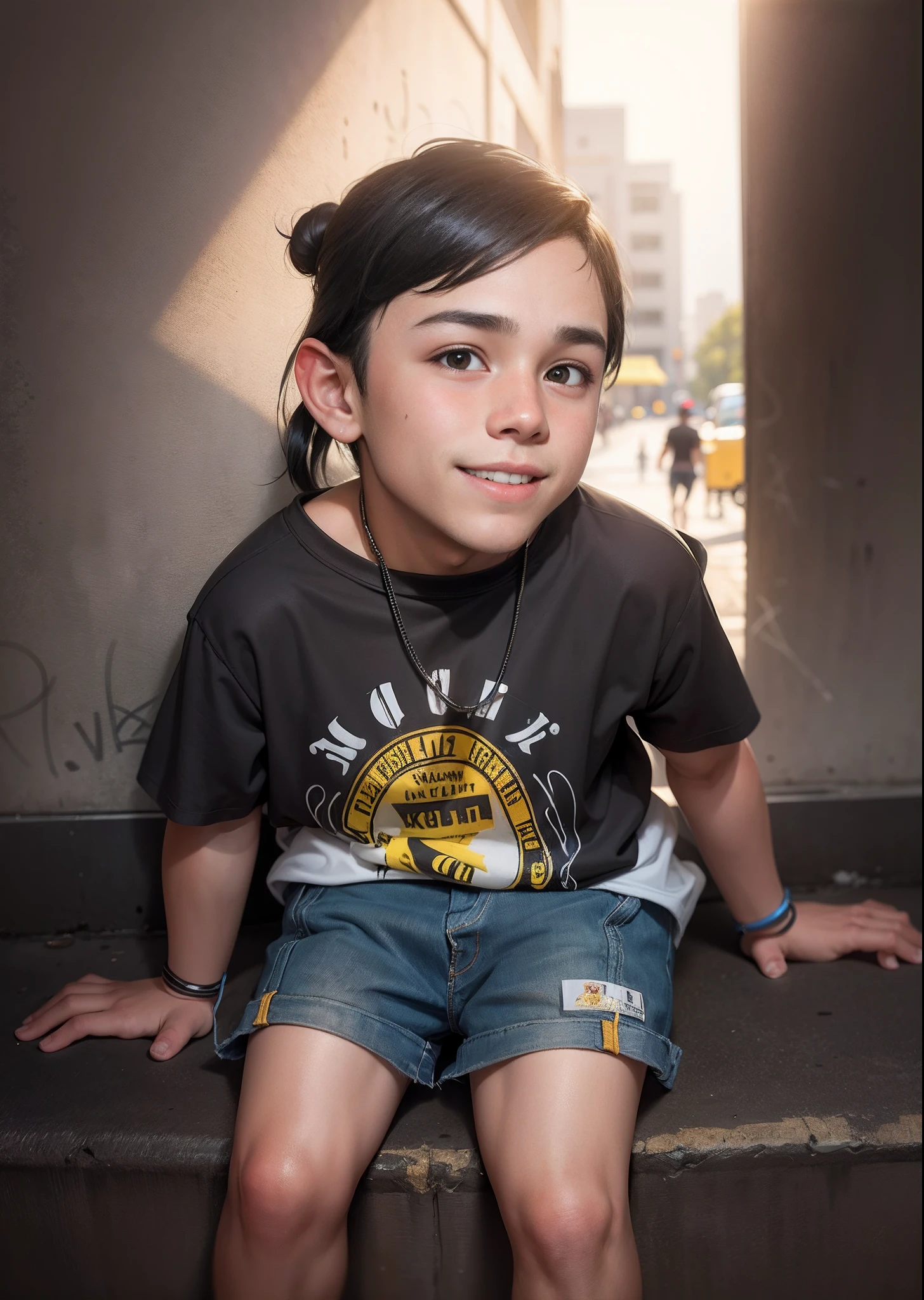 A very handsome teenager passed by me and inadvertently saw me, bust photo, smiling and looking at me. High nose, yellow race, relatively white skin, black hair, medium hair. The background is a wall with various graffiti on it. He wears simple short sleeves and holds a cute dog. Highest quality.