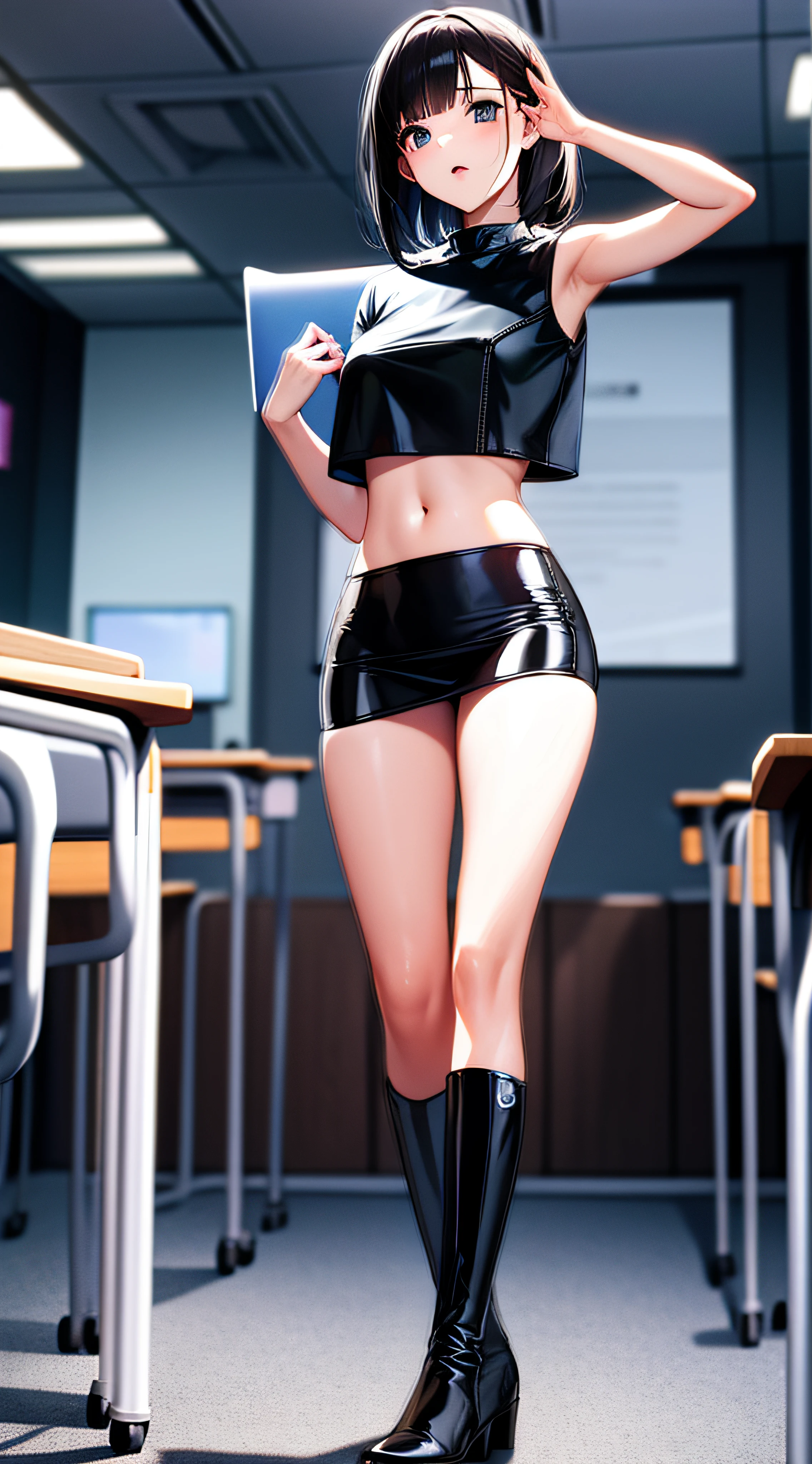(1 girl), Alone, (Rubi Hoshino), (((Very sexy black bikintanding}}}, (full body photo), wearing black high heel shoes, Toned thighs, muscular belly, slim body, thin arms, wide hips, thin waist, big ass, medium breasts, at school in the classroom, (((in a bad mood))), (with hands on hips), (pink blonde hair) , star-shaped white pupils in the left eye, eye reflection, glowing eyes, anime, anime style, cinematic lighting, ray tracing, panorama, Sony FE, hard drive, master piece, accurate, anatomically correct, Super Detail, high quality, very high resolution, hard disk, 16k
