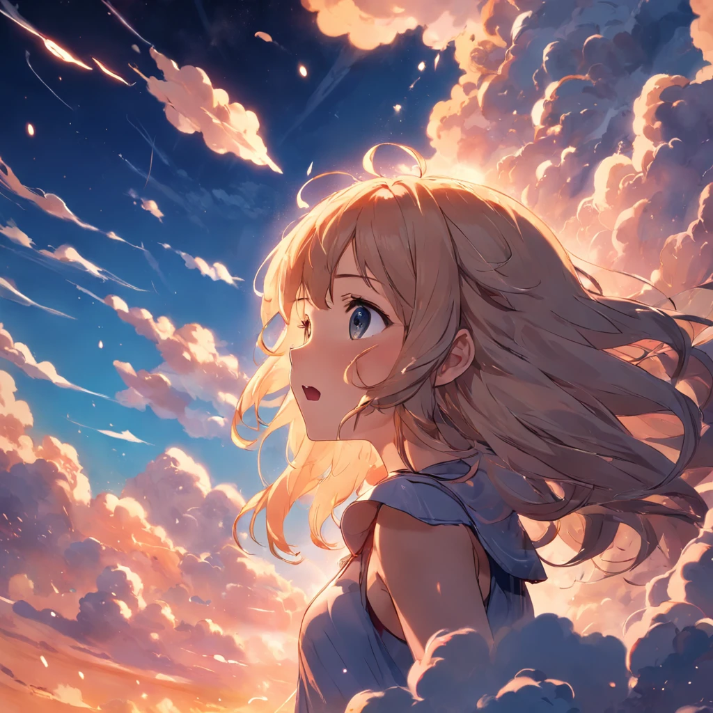 masterpiece, best quality, movie still, 1girl, cloud girl, floating in the sky, close-up, bright, happy, warm soft lighting, sunset, (sparks:0.7)