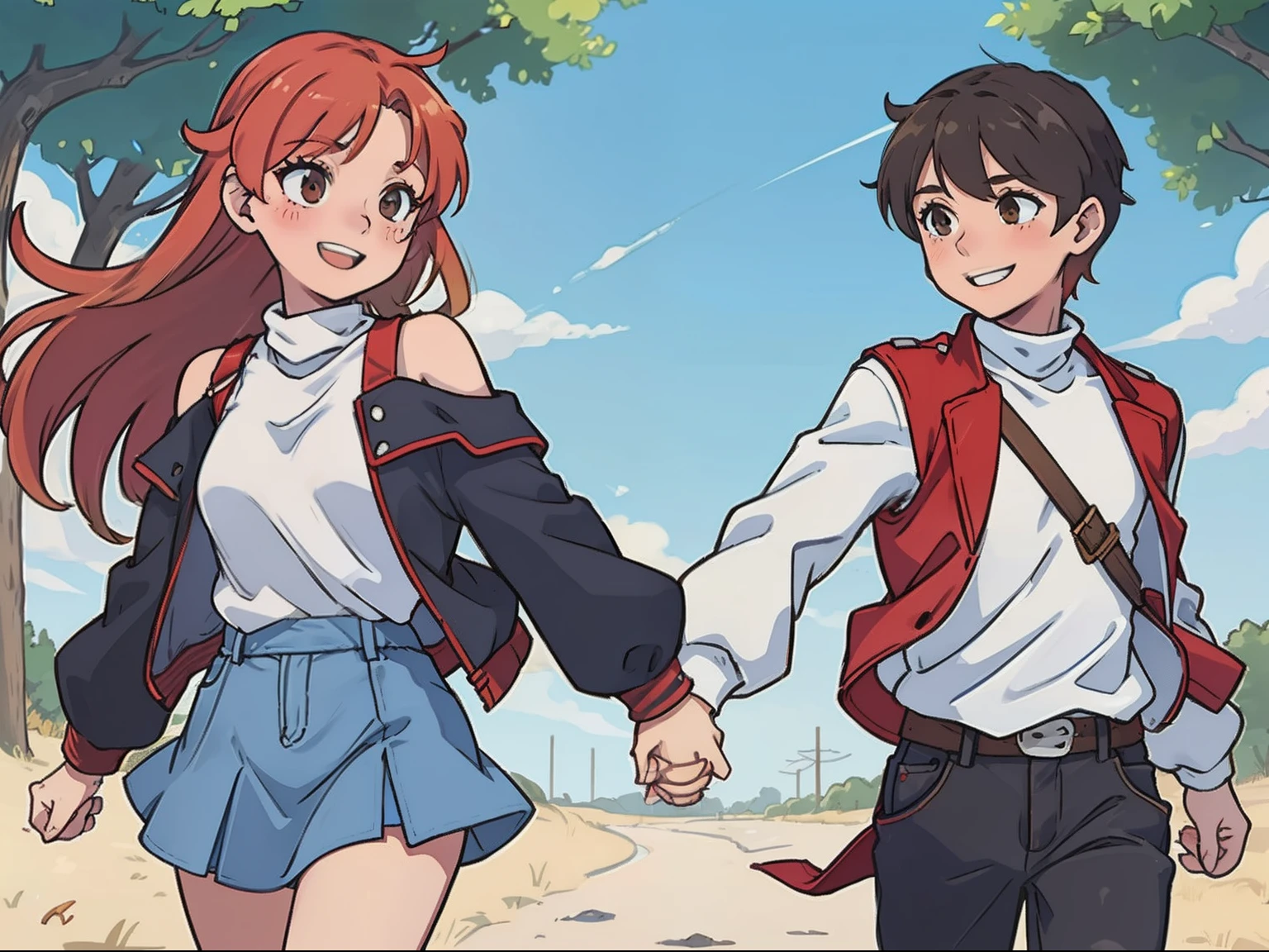 (Asuna1 holding hands with Boy1), (Asuna1, female, long blond hair, brown eyes, blue off-shoulder turtleneck top, red short skirt, white sandals, smiling, blushing), (Boy1, male, short red brushed-up hair, red bandanna, brown eyes, black leather jacket, blue jeans, smiling), walking happily, no 3rd person