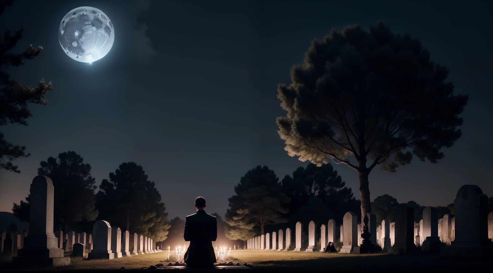 A cemetery with a full moon as a backdrop，luz de velas， Dark but sparkling atmosphere， trees in the background，There is a small fire in front of 1 tombstone，1 person kneels in prayer in front of the tombstone