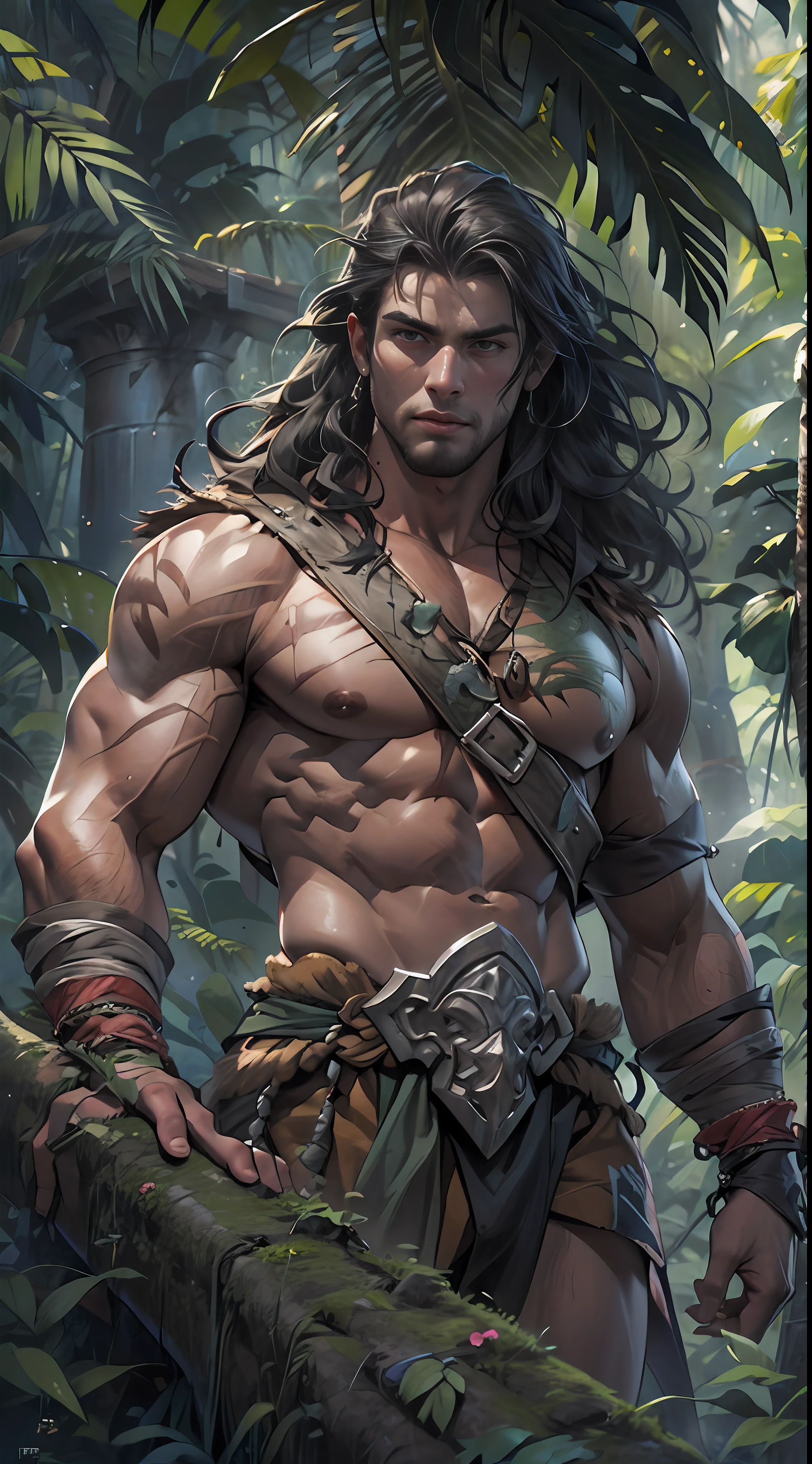 Sculpted warrior, exposed upper torso, legs bared from thighs to feet, flowing long curls, intricate muscular details, photorealistic depiction, 4K resolution. Background: Ancient temple ruins in a lush jungle,32k uhd, best quality, masterpiece, super detail, high details