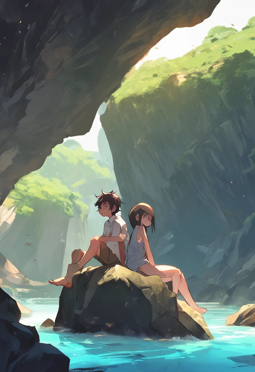 anime characters 2 boy one girl almost naked sitting on a rock in a cave, concept art inspired by Makoto Shinkai, trending on pixiv, conceptual art, guweiz and makoto shinkai, ( ( makoto shinkai ) ), official artwork, kawacy, official art, makoto shinkai cyril rolando, official anime artwork, makoto shinkai!!