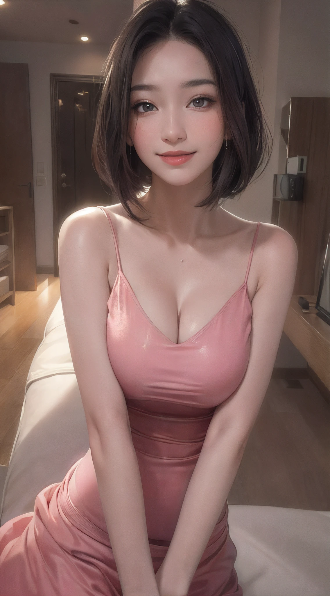 ((Best Picture Quality, 8k, tmasterpiece:1.3)), 1girl, Plump and fat beauty:1.3, (High ponytail,Leaky big breasts), Suspender tights:1.1, Ultra-fine face, A detailed eye, 二重まぶた,ssmile,Home,A viscous white liquid flows from the body,Covered with essential oils,Shine,
