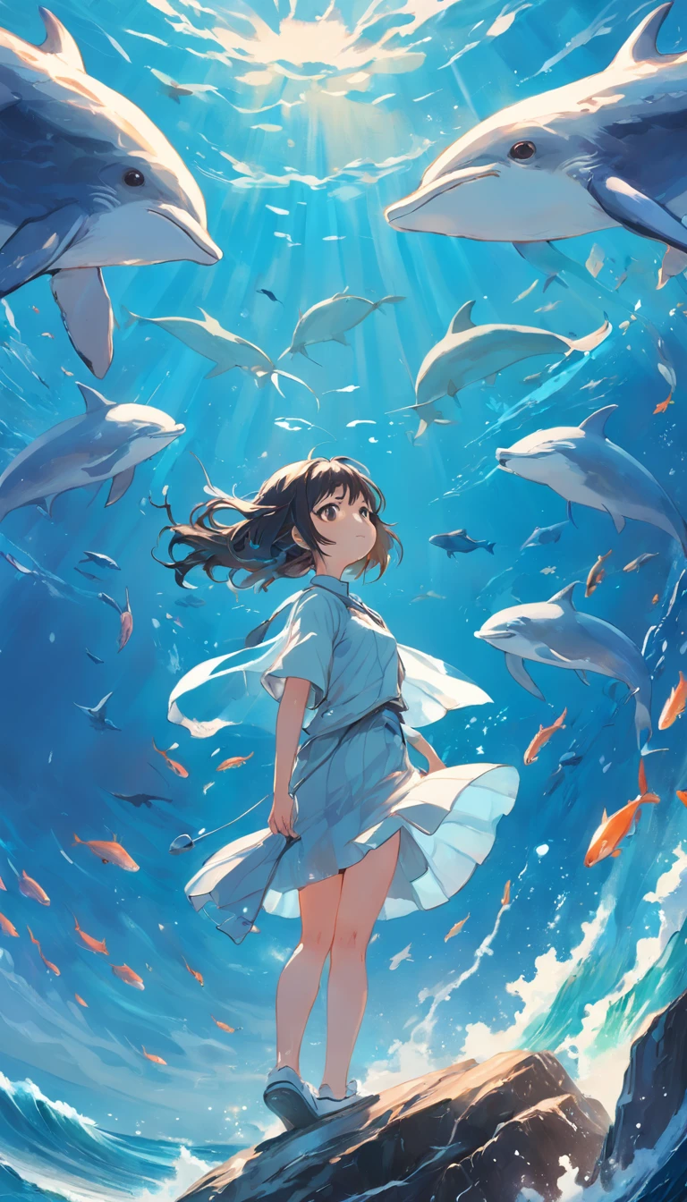 Pintura de um golfinho nadando no oceano colorido, Look up at the composition, Living waters and whales from the sky, inspirado em Cyril Rolando, a beautiful artwork illustration, autor:Shitao, arte conceitual colorida, Makoto Shinkai Cirilo Rolando, ao estilo de Cyril Rolando, Baleia voadora, Aquarela altamente detalhada 8K, Aquarela altamente detalhada 8 K,octano,Fim,Realistic,8k,Estilo Makoto Shinkai( Reasonable design, linhas claras, Alta nitidez,best quality, Very detailed, master part, Efeito de luz do filme, 4k )