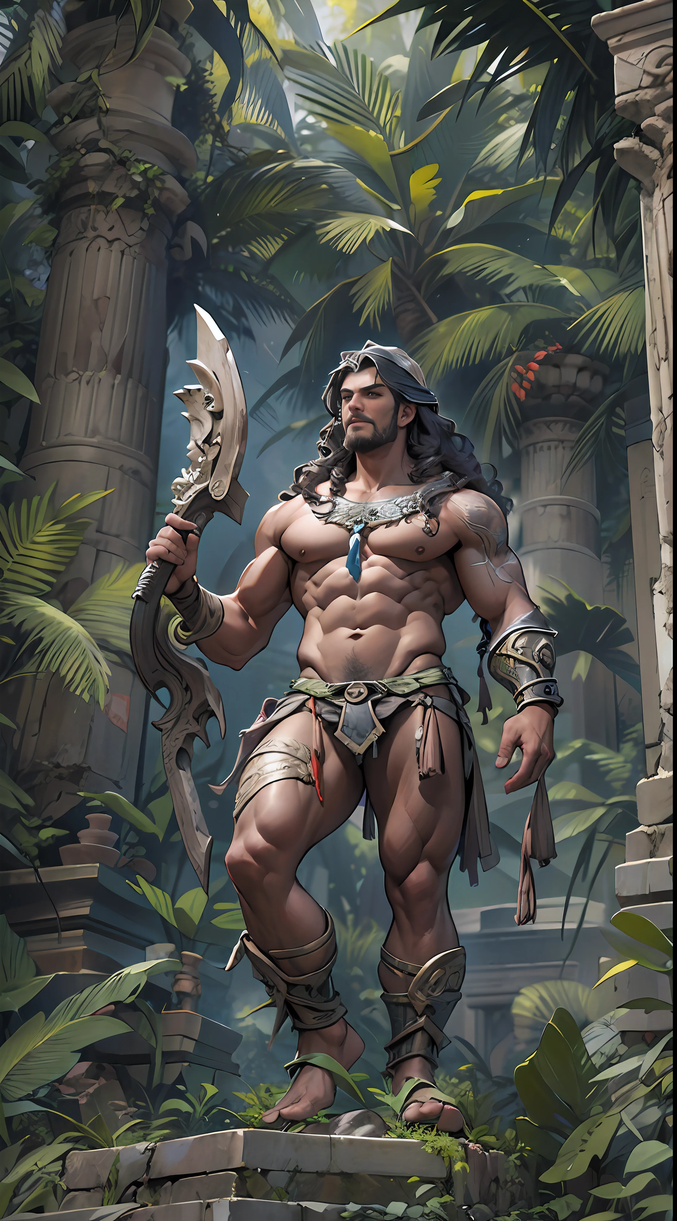 Sculpted warrior, exposed upper torso, legs bared from thighs to feet, flowing long curls, intricate muscular details, photorealistic depiction, 4K resolution. Background: Ancient temple ruins in a lush jungle,32k uhd, best quality, masterpiece, super detail, high details