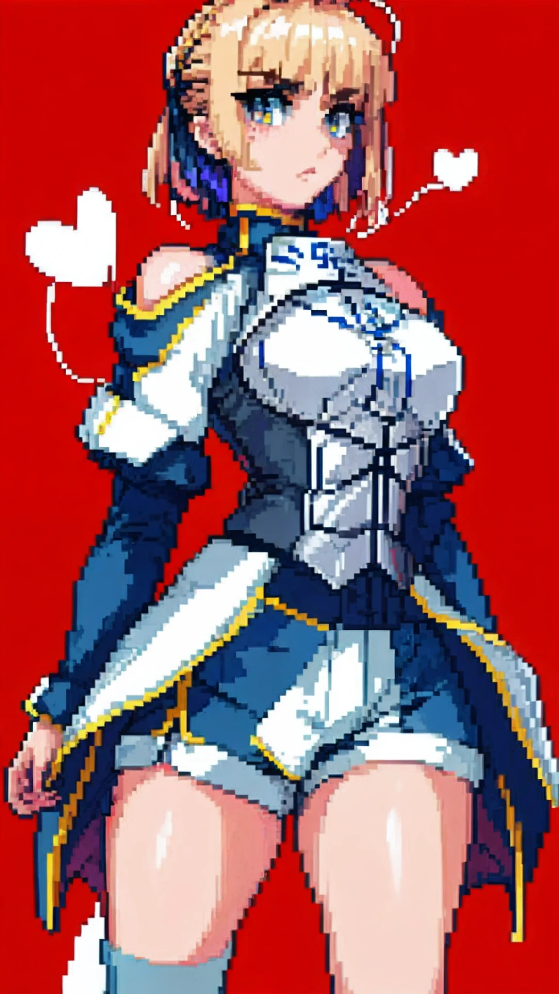 saber,(A white border around a red rectangular background:2.5),cropped shoulders,exposing your navel,Back view,C cup,stocklings,High detail,Moles under eyes, Heart-shaped pupils,Love pupils,Fleshy thighs,highly rendered,detailed face with