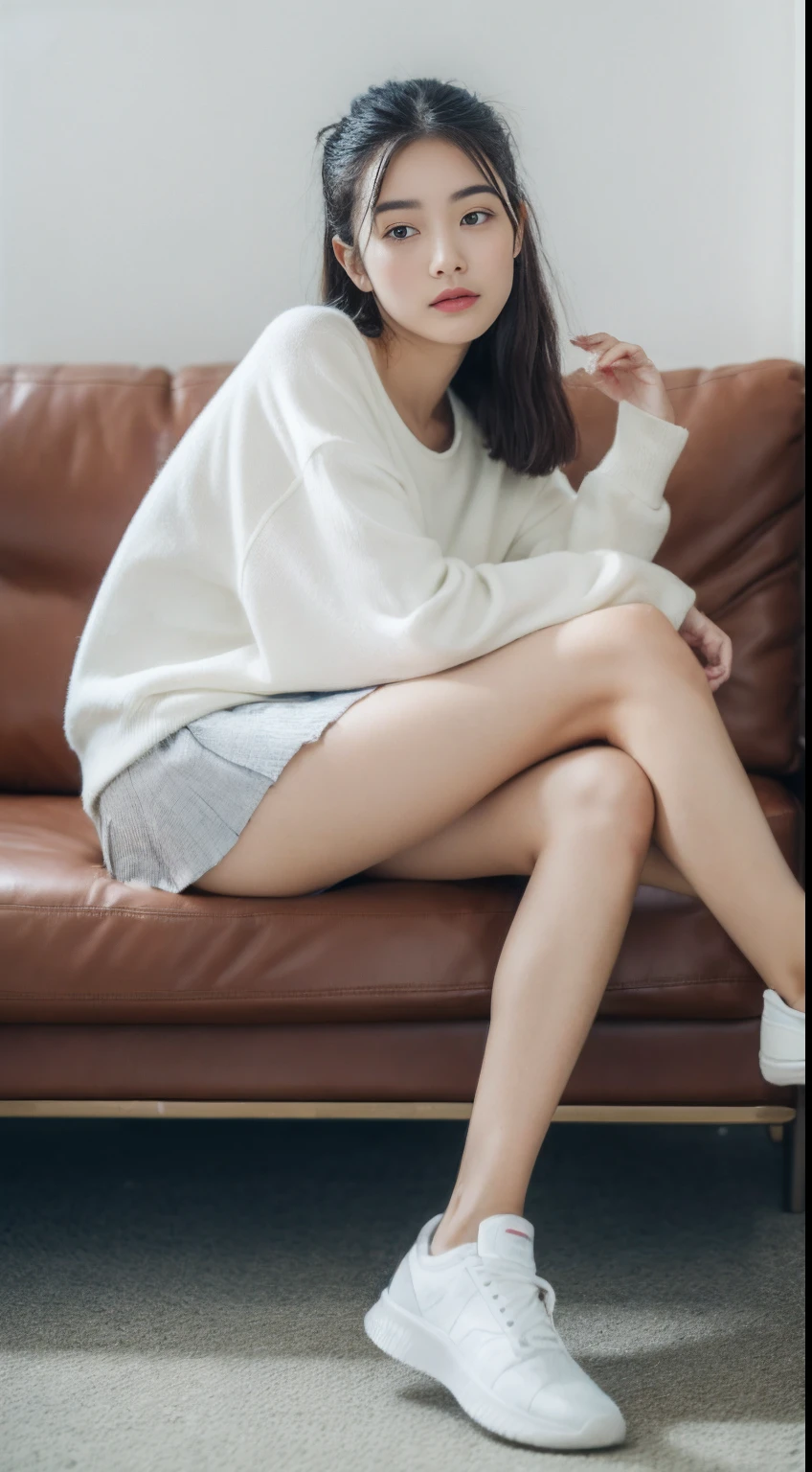 ((Best picture quality, 8K, tmasterpiece:1.3)), 1girll, Casual hairstyle, （Tennis skirt：1.3）,（wet see through clothes：1.4），Ultra-fine face, A detailed eye, 二重まぶた，（long leges：1.4），（athletic sneakers：1.3）Erlang legs，Sit sideways on the sofa