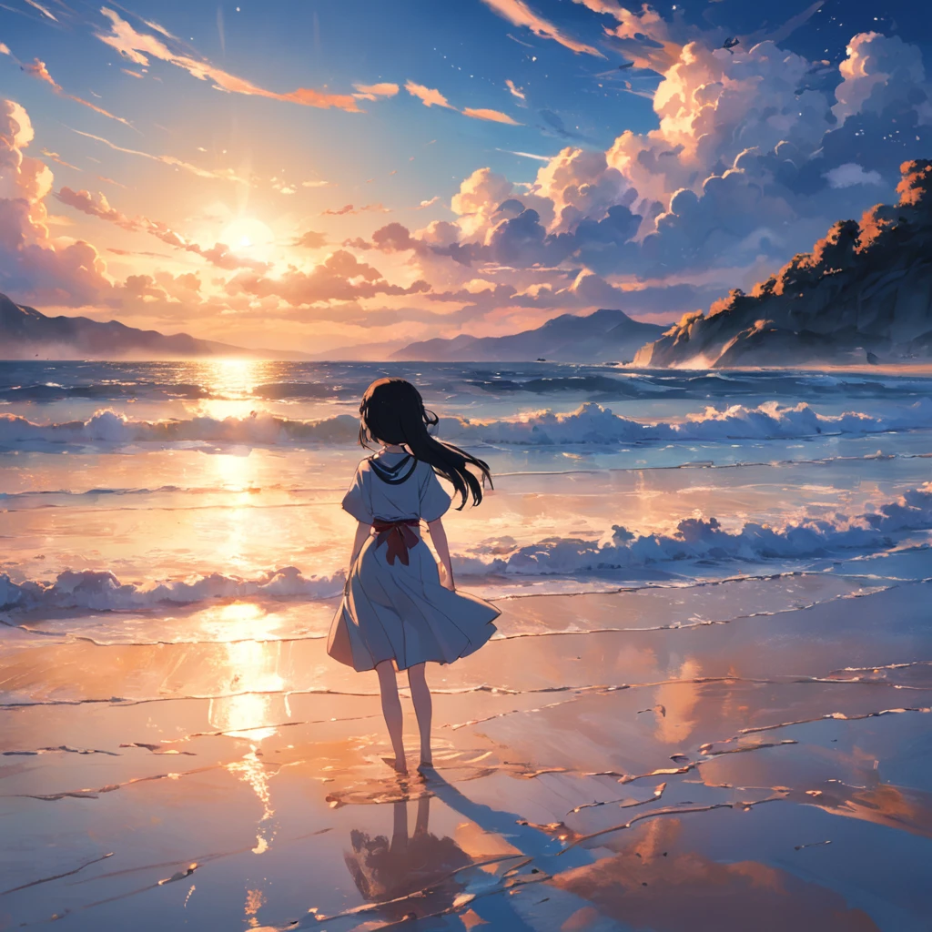 tmasterpiece,best qualtiy,cinematic Film still from,Warm and soft lighting,the setting sun,Skysky,swell sea,sandbeach