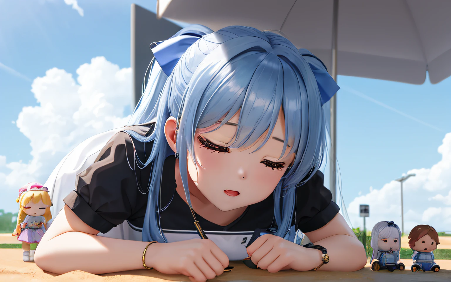 (((Lying face down))),Groveling,Pop Mart Blind Box IP、Close up of 5 cute knight dolls、Young One Angel Style、Wear longer, Dress fluently、Lop style、Poseline doll、Little people々々々々々々々々々々々々々。Little people々々々々々々々々々々々々々、unreal enginee 5、Light 3D/C4D production: 8K HD quality/illuminating/Ultra-fine lens description 1.5、flawless、Chibi Background/Cinematic。