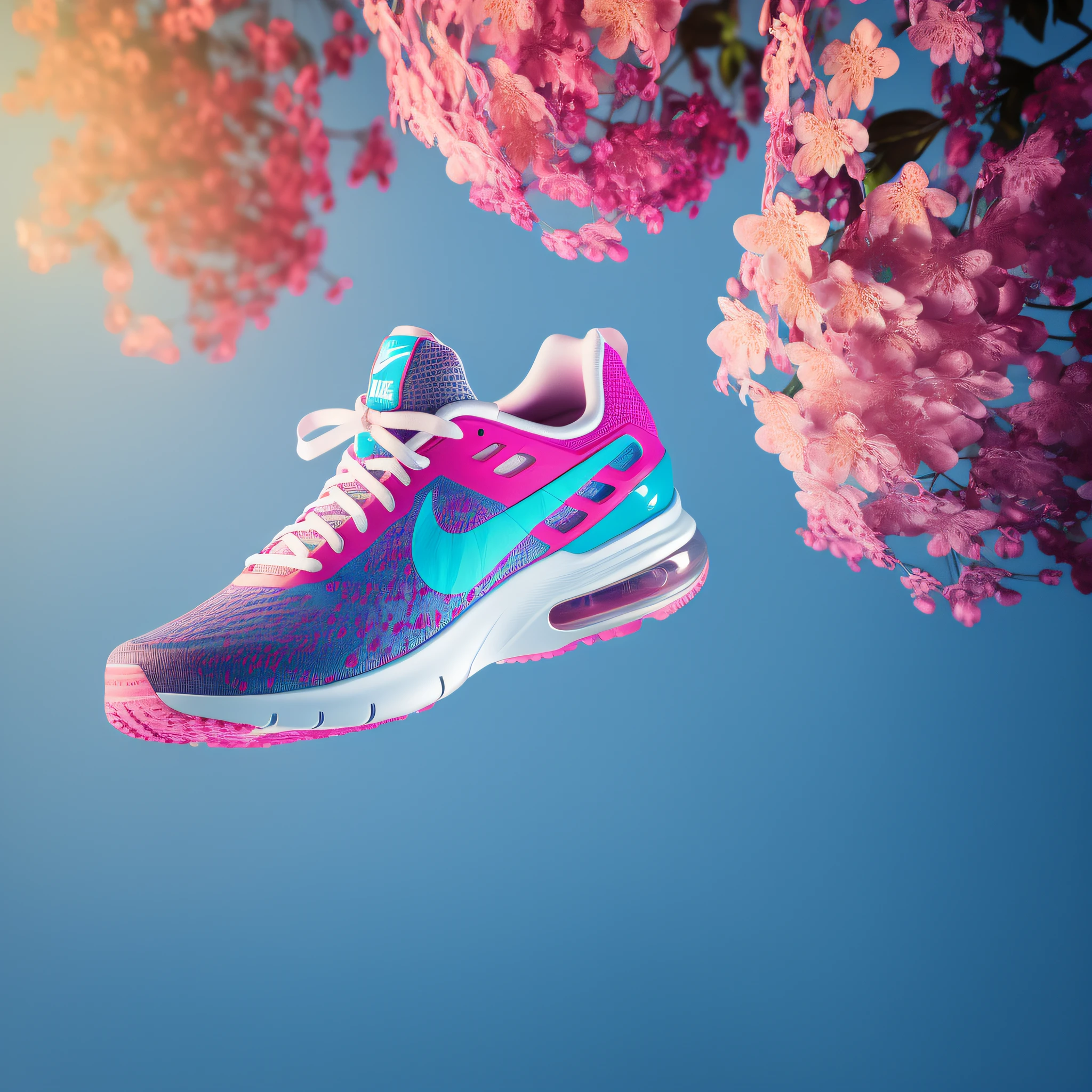masterpiece,best quality,ultra high res, 8k uhd, dslr, high quality,(photorealistic:1.4), cinematic lighting, HDR,a Nike shoe floats in the air,encased in flowers
,motion design,C4D,rendering,light and shadow