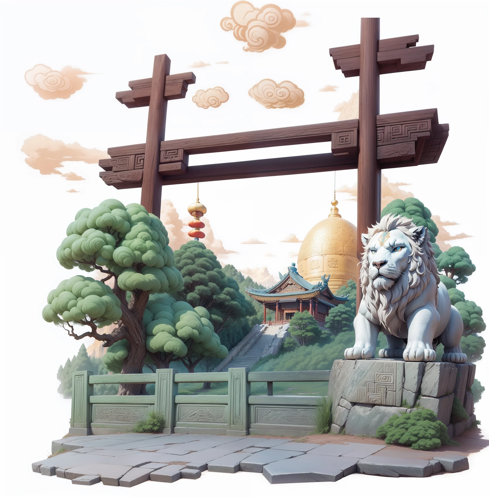 tmasterpiece,high qulity,Ancient landscapes,pines,Flowers,ancient buildings of China,Stone lion,Auspicious clouds,mont,Cartoon anime style,4K,Ray traching