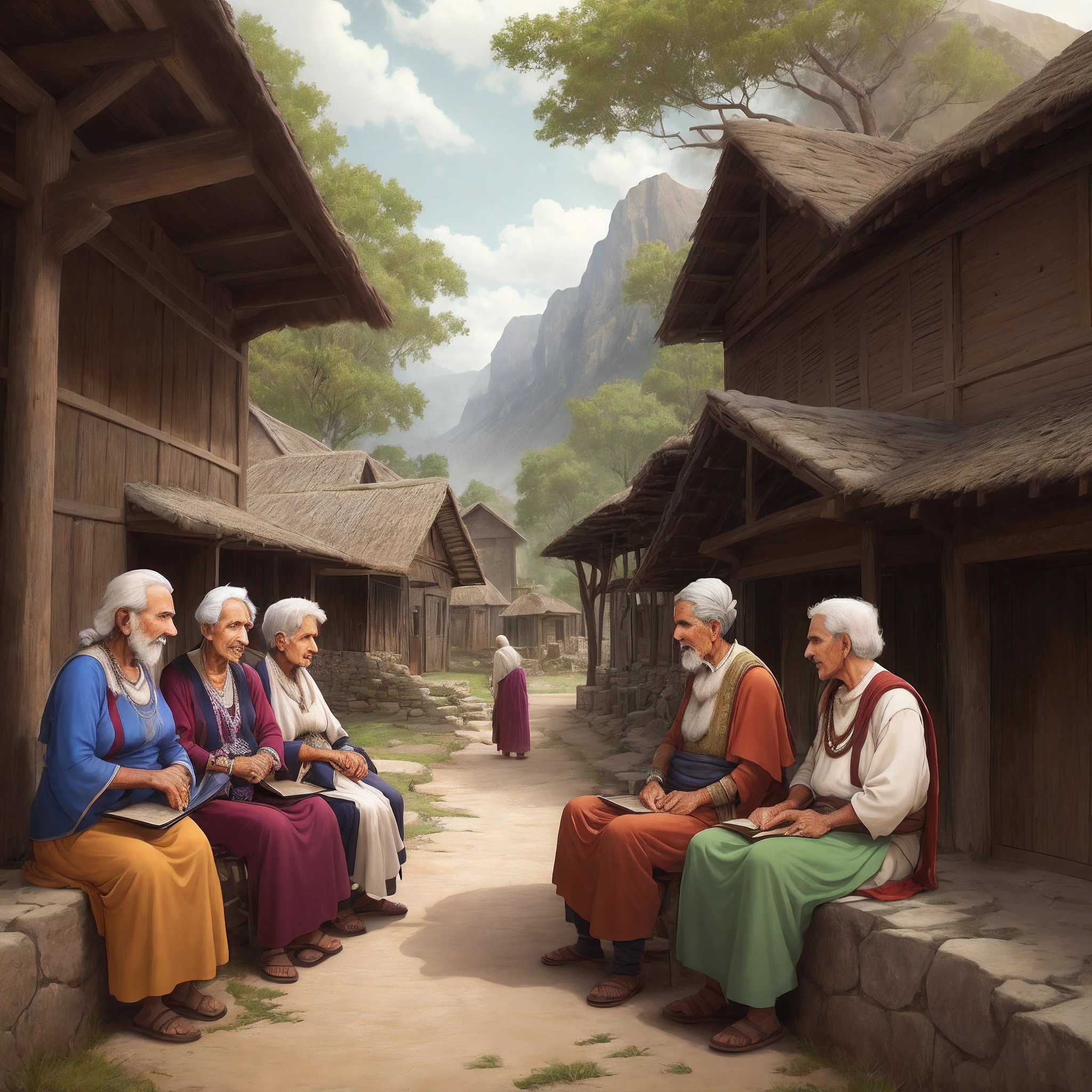An ancient village in India with elders gathered around, sharing stories