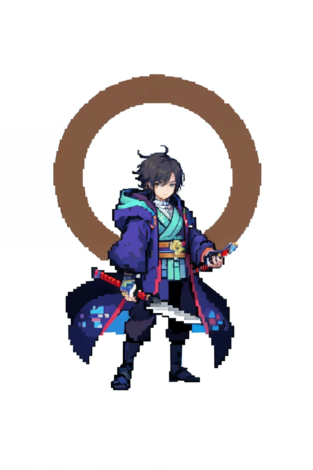 tmasterpiece，top-quality，Best pixel art painting，Full body samurai man，wind coat，Holding a Tang horizontal knife in his hand，head bowed slightly。