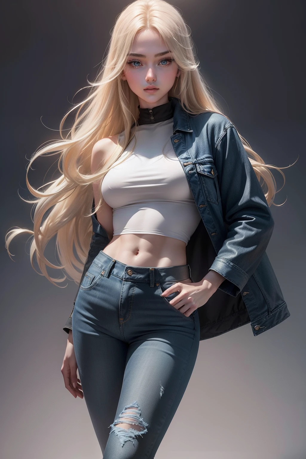 high-level image quality、high detal、highly accurate、hight resolution、Exact body、accurate arms、accurate fingers、Precise feet、Beautiful skin、Blonde long hair、24-year-old American beauty、Black outerwear、Blue Denim Pants、Being in the dart bar