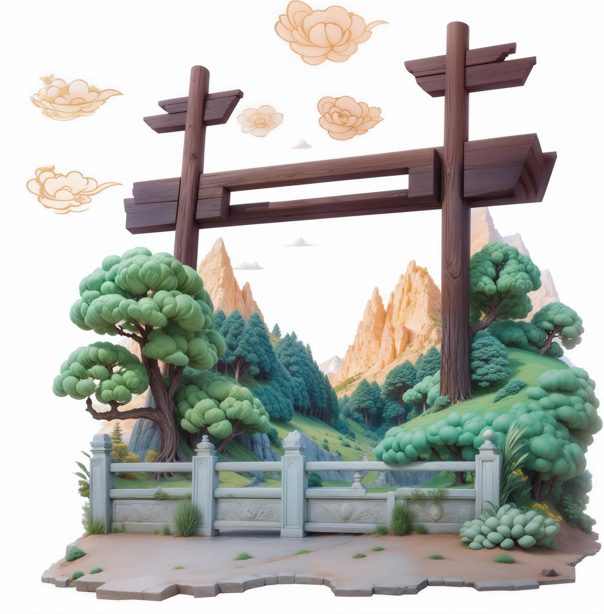 tmasterpiece,high qulity,Ancient landscapes,pines,Flowers,Auspicious clouds,mont,Cartoon anime style,adolable,4K,Ray traching