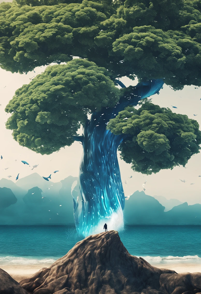 White background, A blue whale with a tree on its back, Solid color, Simple