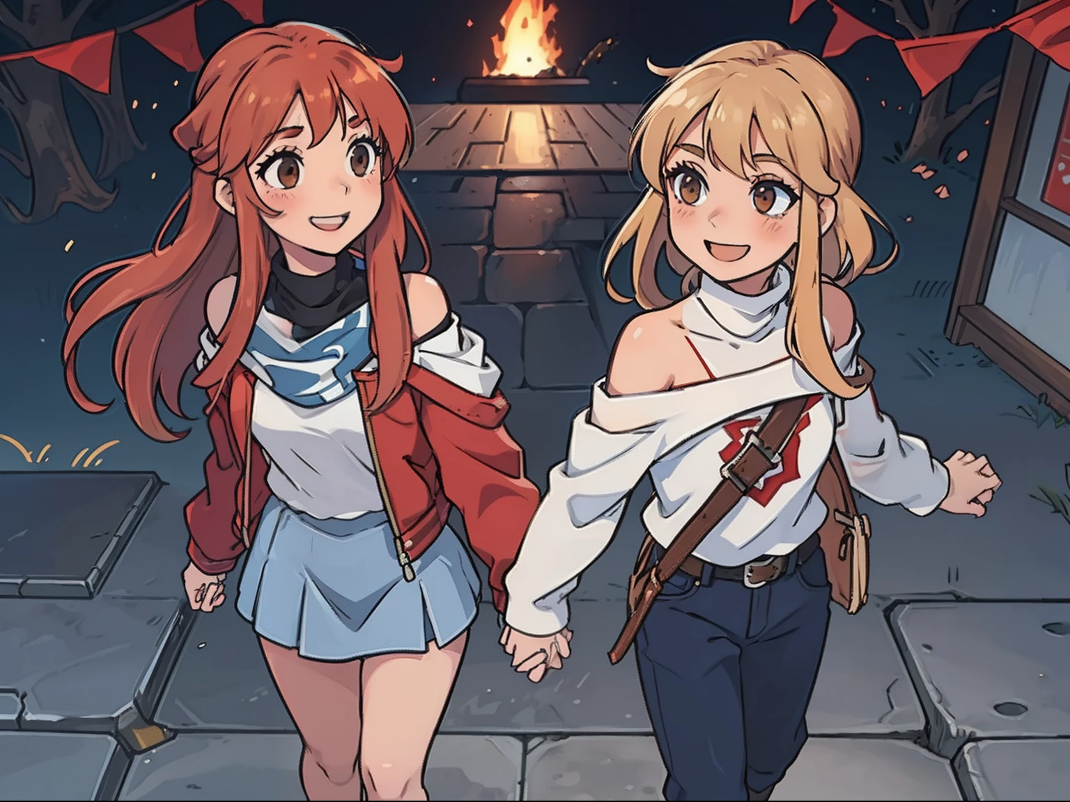 (Asuna1 holding hands with Boy1), (Asuna1, female, long blond hair, brown eyes, blue off-shoulder turtleneck top, red short skirt, white sandals, smiling, blushing), (Boy1, male, short red brushed-up hair, red bandanna, brown eyes, black leather jacket, blue jeans, smiling), walking happily, no 3rd person