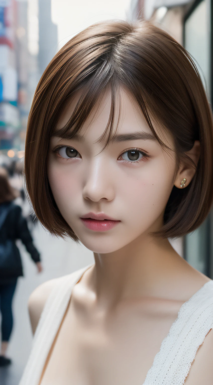 (Raw photography:1.2)、(Photorealsitic:1.4)、(masterpiece:1.3)、(top-quality:1.4)、超A high resolution、(A detailed eye)、(detailed facial features)、(detailed clothes features)、8K分辨率、solofocus、bangss、skin tightening、(shinny skin)、(Slender girl)、(a japanese girl)、(Japan Faces)、((short-hair:1.2))、1 girl in、Slim Beauty:1.3、brown haired、Delicate hair、(huge tit:1.3)、new york streets、Detailed street fashion、hotpants、Looking at the camera、espadrilles