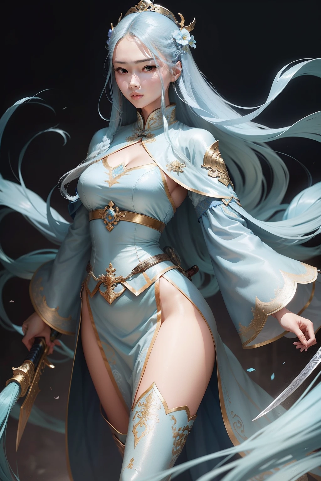 Anime character with sword in hand and blue background, Female protagonist 👀 :8, she holds a sword, she is holding a katana sword, with large sword, she is holding a long staff, anime style character, Anime Character, full body concept, demon slayer rui fanart, nyaruko-san, mitsumayo, holding a sword on her shoulder