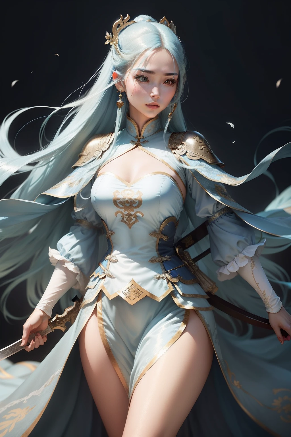 Beautiful woman in light blue outfit,Long flowing hair and delicate facial features,It exudes purity, Noble and confident temperament。Armed with a general's sword and elaborate clothes, He showed the Chinese style