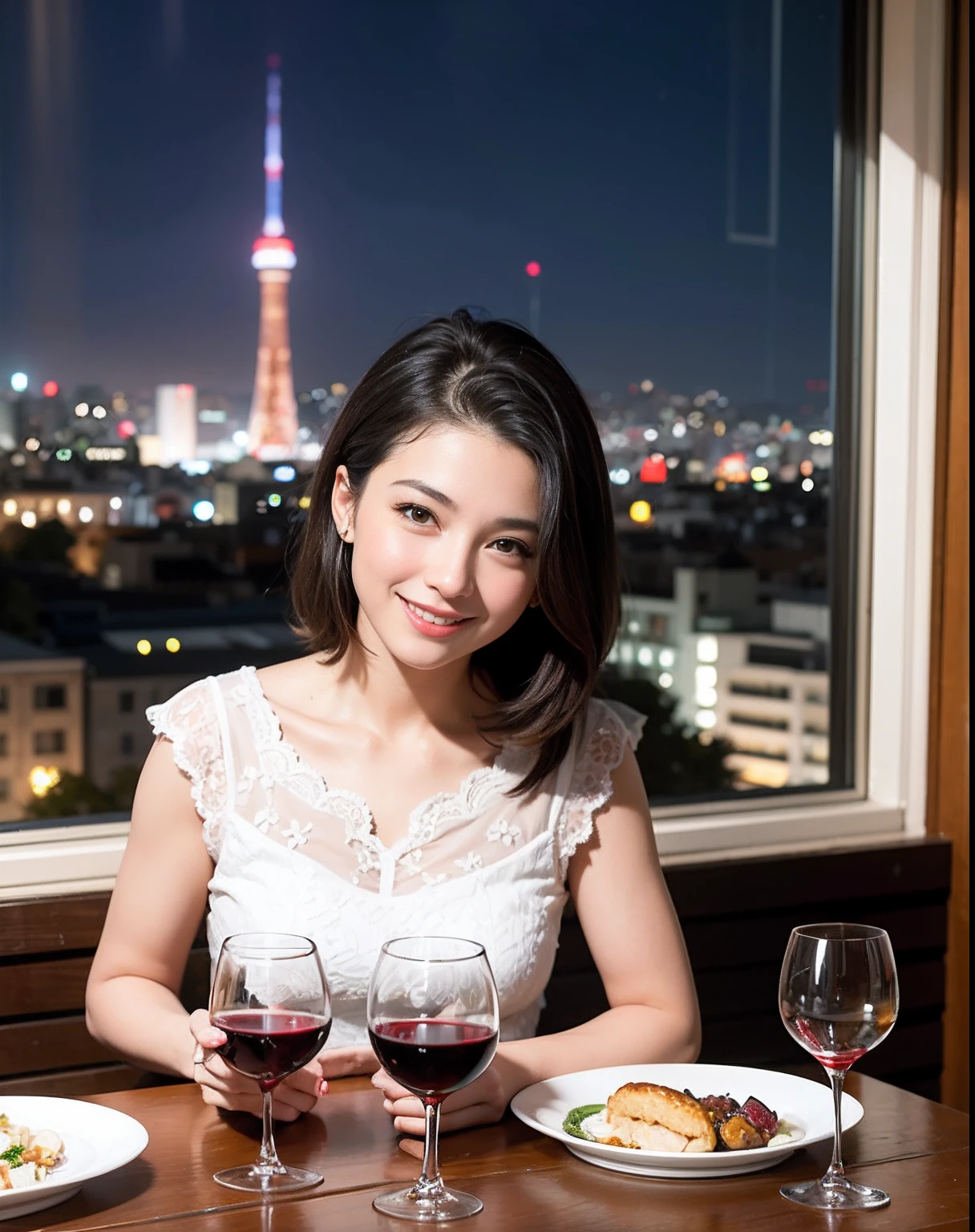 (64K, UHD, top quality, masterpiece: 1.2), (realistic, photorealistic: 1.37), super detailed, pretty woman 1 person, (slim face), (slim body), (brown hair), (short cut), cheeks slightly blushing, (44 years old), 38 years old, solo, beautiful detailed urban night view outside the window, restaurant, wine glasses sit, at night, in a prominent placeNovaFrogStyle, Actress, Model, Waist Up, White Wine, Slim, Wine Glass, Super Clean Night View, Wine Glass Put in the Middle, Happy Smile, (Smile: 1.15), Beautiful Fine Eyes, Upper Body, Bust Japan Up, Night, Short, Short, Actress, Model, Waist Up, White Wine, Slim, Wine Glass, Super Clean Night View, Wine Glass Put in the Middle, Happy Smile,