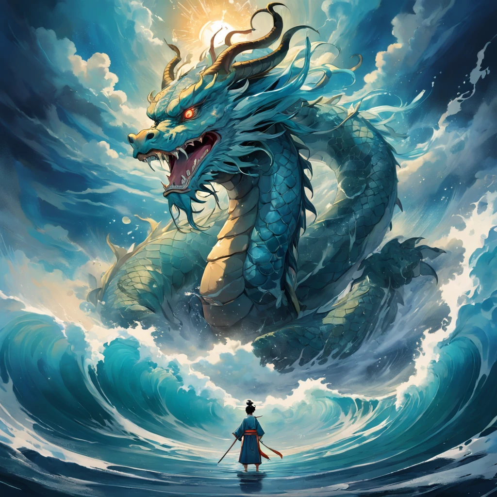 Sunshine kid jumps out of the ocean on a Chinese dragon，Blue ocean，Dazzling sunlight，The dragon's body is straight to the sky