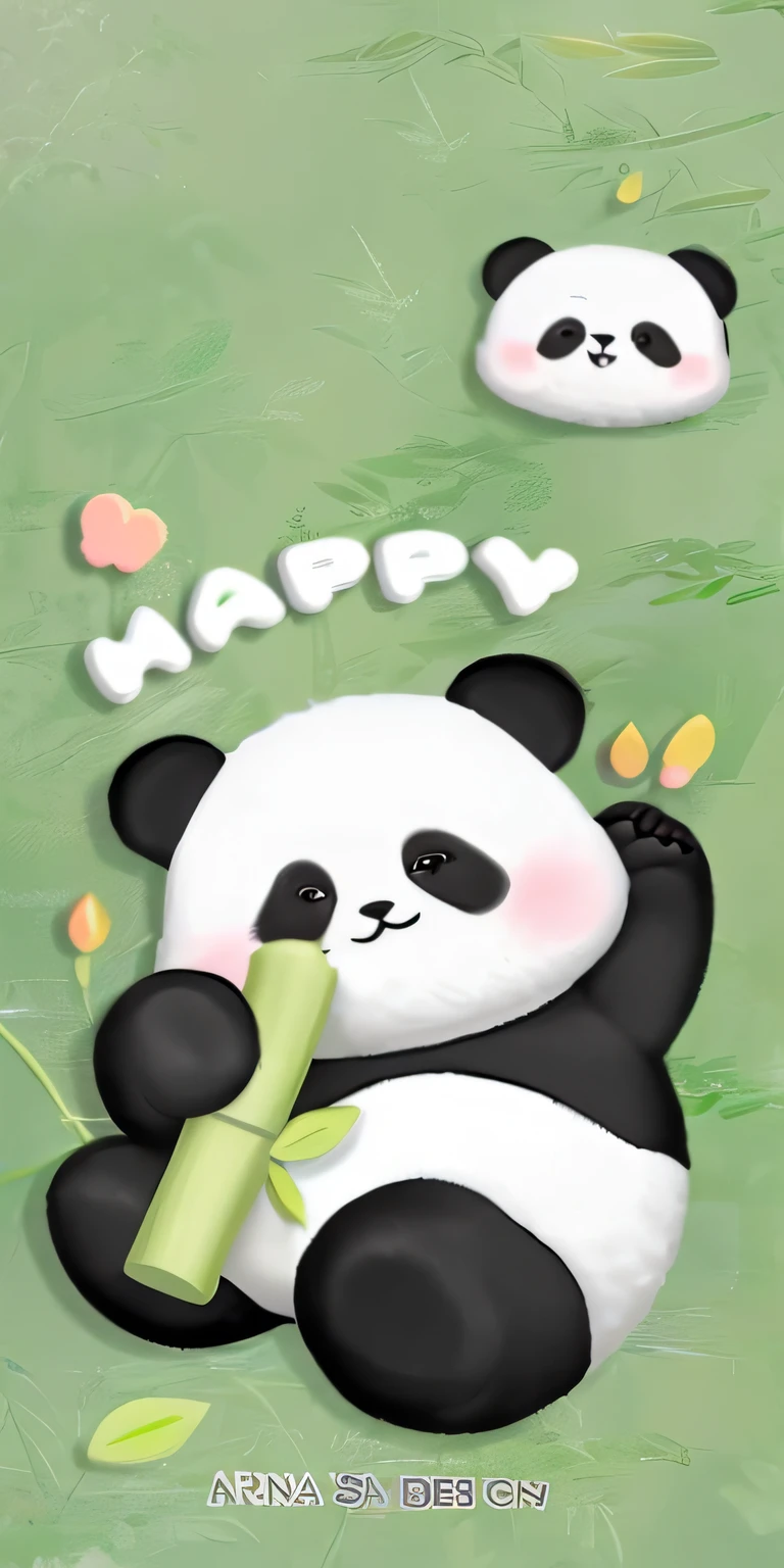 Panda with bamboo stick in mouth and happy words on green background, Cute panda, panda panda panda, Cute cartoon, a cute giant panda, Panda, adorable digital art, hand painted cartoon art style, Cute cartoon character, highly detailed photo of happy, lovely digital painting, cute animal, soft happy smile, he is happy, wallpaper mobile, he is happy