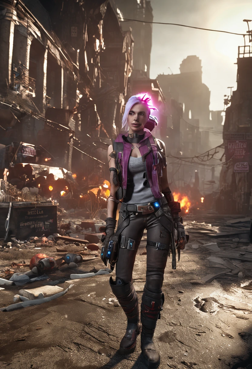 ((Best quality)), ((masterpiece)), (highly detailed:1.3), 3D, arcane style,In the dark and gritty dystopian city Piltover, plagued by violence and divided into two opposing factions, a young prodigy named Jinx emerges. Having endured unimaginable loss and abandonment, she has embraced a life of chaos and destruction. Known for her inventive and explosive abilities, Jinx becomes an icon of rebellion against the oppressive forces controlling the city. However, haunted by guilt and battling inner demons, she must confront her past and decide whether to continue down the path of anarchy or seek redemption amidst the turmoil. Explore the journey of Jinx as she navigates a treacherous world, fighting for survival, unraveling secrets, and discovering the true meaning of her twisted existencechaos reigns supreme, and at the heart of it all is Jinx, the embodiment of unpredictability. Delve deep into the twisted mind of Jinx, exploring the origins of her madness and the driving force behind her destructive nature. Unveil the moments that shaped her into the deranged and iconic character we know. Take us on a wild journey through the vibrant streets of Piltover and the grim underbelly of Zaun as Jinx wreaks havoc with her explosive arsenal. Can redemption ever find its way into Jinx's fractured soul? Or will she forever dance on the edge of sanity, embracing the chaos that fuels her very existence? The fate of Arcane hangs in the balance as Jinx's path intertwines with unlikely allies and formidable foes. Ignite your imagination and paint a vivid portrait of Jinx's twisted psyche, capturing the essence of her madness and the untamed spirit that defines her,HDR (High Dynamic Range),Ray Tracing,NVIDIA RTX,Super-Resolution,Unreal 5,Subsurface scattering,PBR Texturing,Post-processing,Anisotropic Filtering,Depth-of-field,Maximum clarity and sharpness,Multi-layered textures,Albedo and Specular maps,Surface shading,Accurate simulation of light-material interaction,Perfect proportion