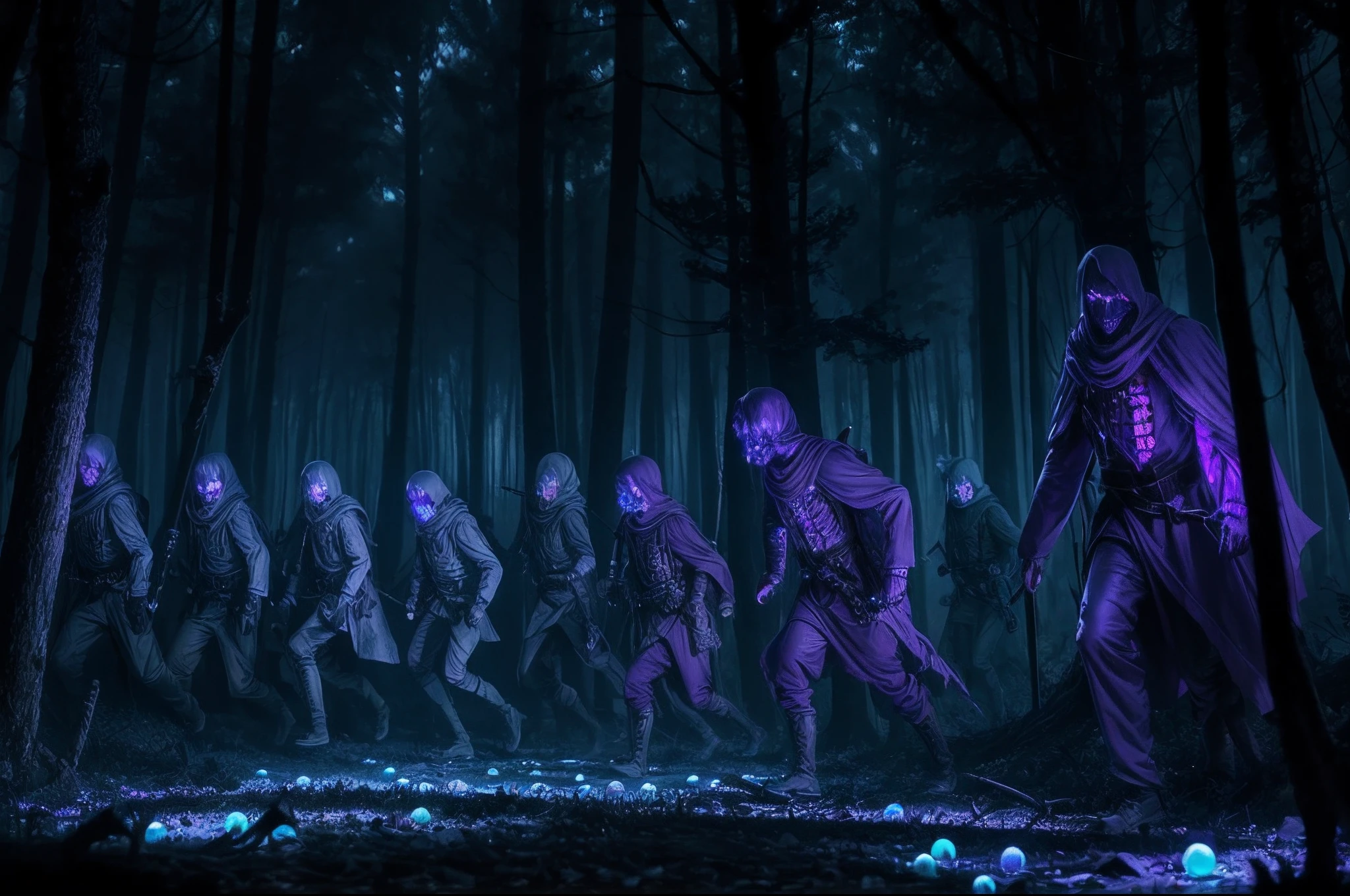 An army of translucent demons made with marbles, in lilac and bluish colours, with slightly bioluminescent veins, scary, lifeless eyes, expressionless face, dressed with rags, leather rags, skeletons partally visible. Demons running through the forest, dynamic scene, horror movie like. Chiaroscuro. Backlight illumination by moonlight filtering through the forest.