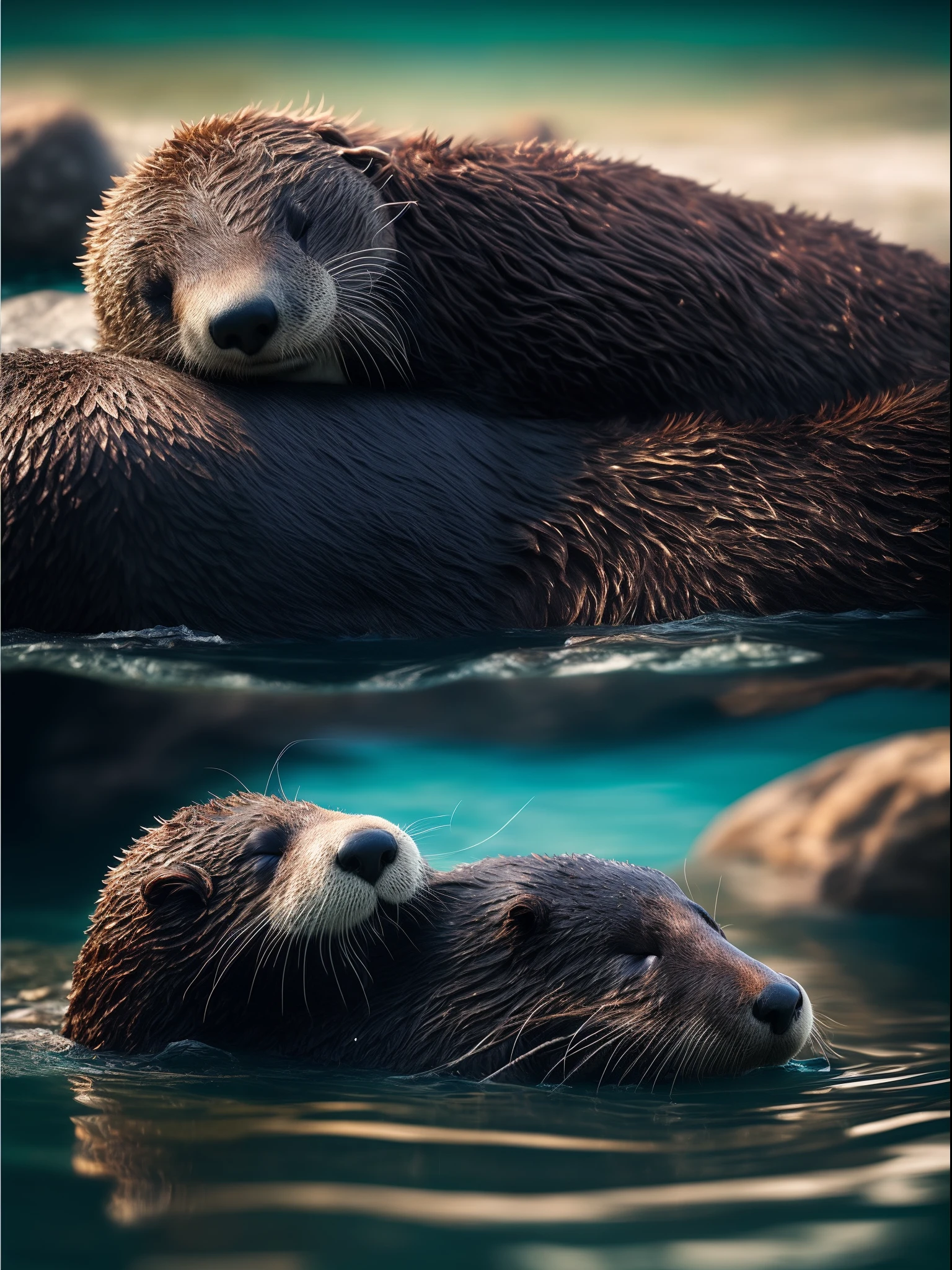 There is a sea otter sleeping in the water, he is very relaxed, Furry otters, unwind, Sleepy,relaxing, peaceful looking animals, The water is clear and clean，Super realistic， RAW photo, (8K、top-quality、tmasterpiece:1.2)、(intricately details:1.4)、(Photorealsitic:1.4)、Complex 3D Rendering Ultra Detail, vibrant detail, super detailing, Photorealsitic