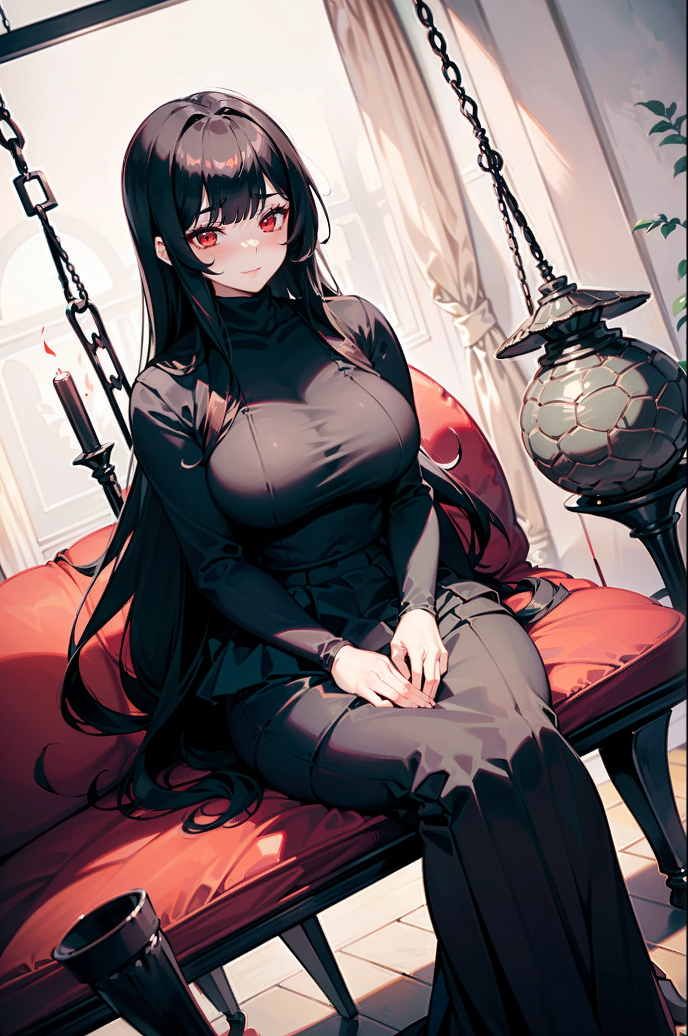 A milf with big breasts: and sagging hourglass hips and big ass wearing a black dress with red and black heels with a gold chain on her neck white fur and black hair red eyes looking at you in a room sitting on a chair with her legs crossed 