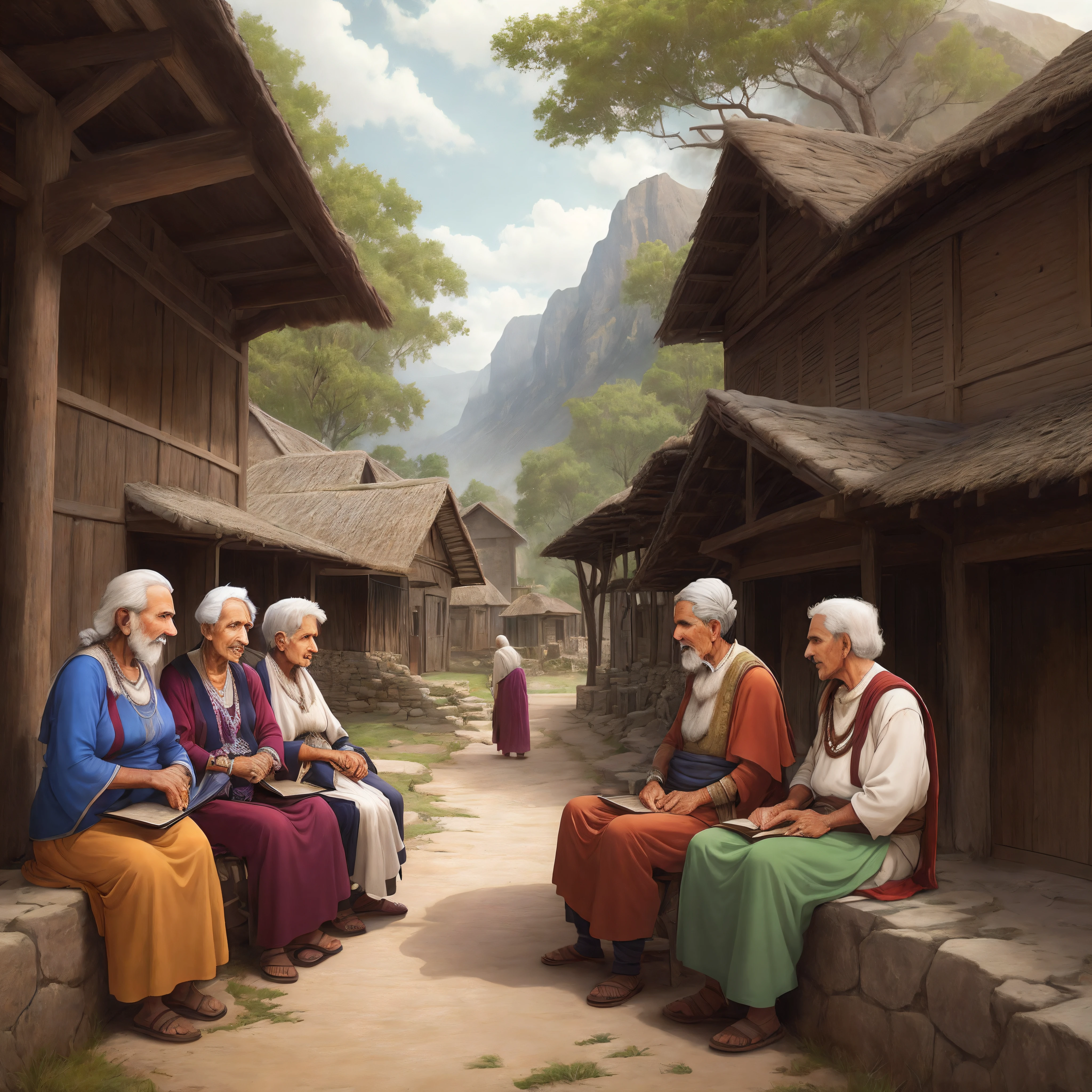An ancient village in India with elders gathered around, sharing stories