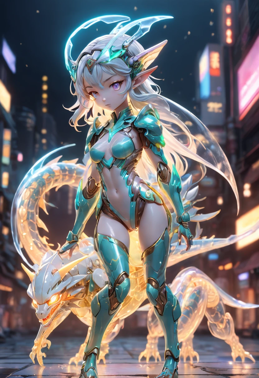 chinesedragon, (Blind box toy style:1.2), (Full body shot) , 1 Transparent adult female elf,Behind her is a transparent Chinese dragon, Transparent mech, Exquisite helmet:1.2, Luminous goggles:1.2, Cyberpunk, dreamy glow, luminous neon lights, Clean, White background, ( Global illumination, Ray traching, hdr, unreal render,reasonable design, high detal, Masterpiece, Best quality, hyper HD, Cinematic lighting)