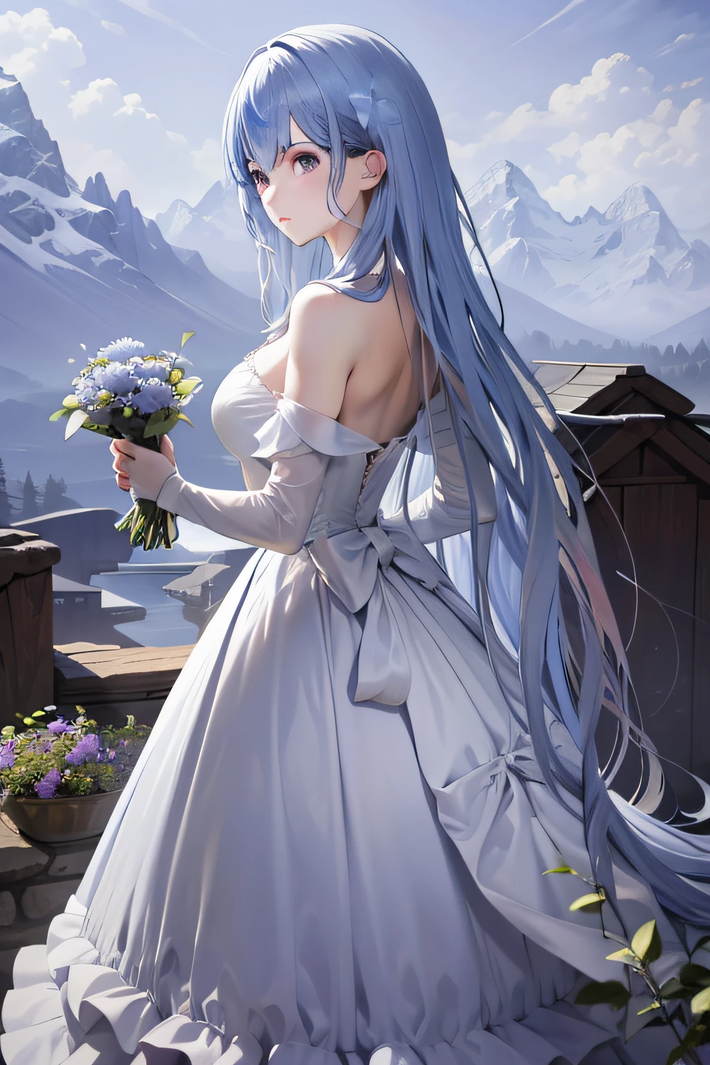 Long-haired two-dimensional woman,Dressed in a medieval silk blue evening dress,Stand in the middle of a mountain full of flowers,Holding a mistletoe bouquet,looking at the distance