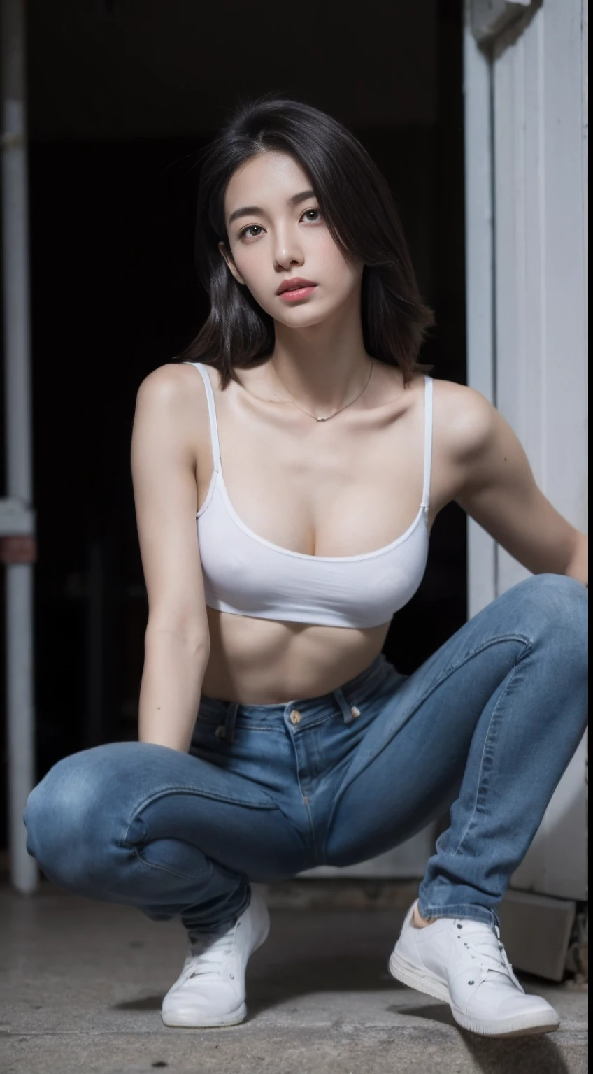 top Quority,ultra-clear resolution,Clear eyes,plain face,face perfect,White skin,perfect chest,With perfect legs,Long legs,large full breasts、Light white underwear shirt、Squatting、Facing the front、Open legs、posterior view、Skinny jeans in very dark colors,Indigo Jeans、Panties protruding from jeans、Random environment